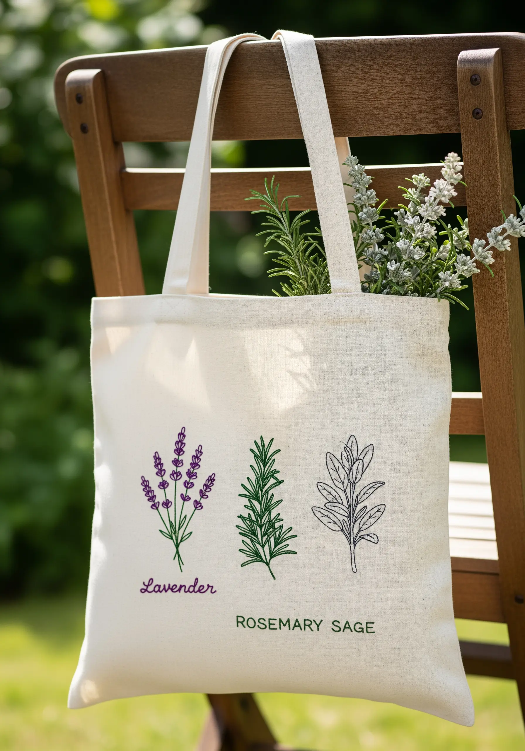 A canvas tote bag featuring three embroidered herbs: lavender, rosemary, and sage, with their names.