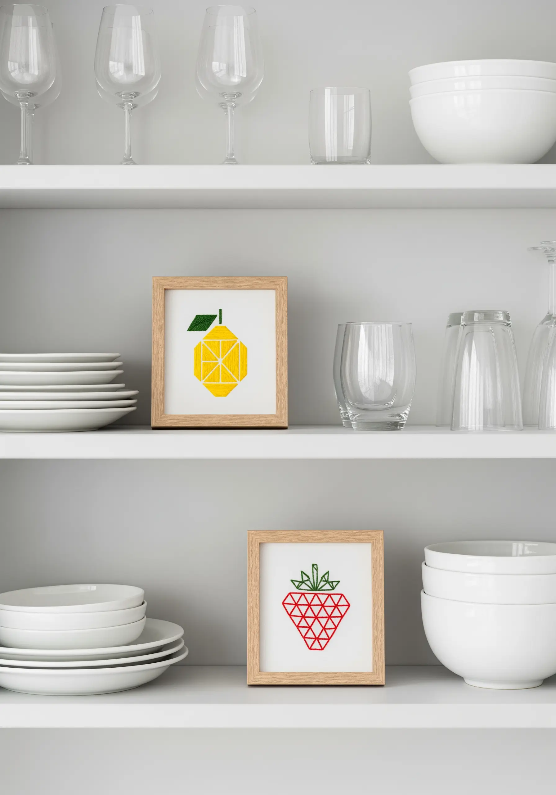 Small framed embroideries of a geometric lemon and strawberry.
