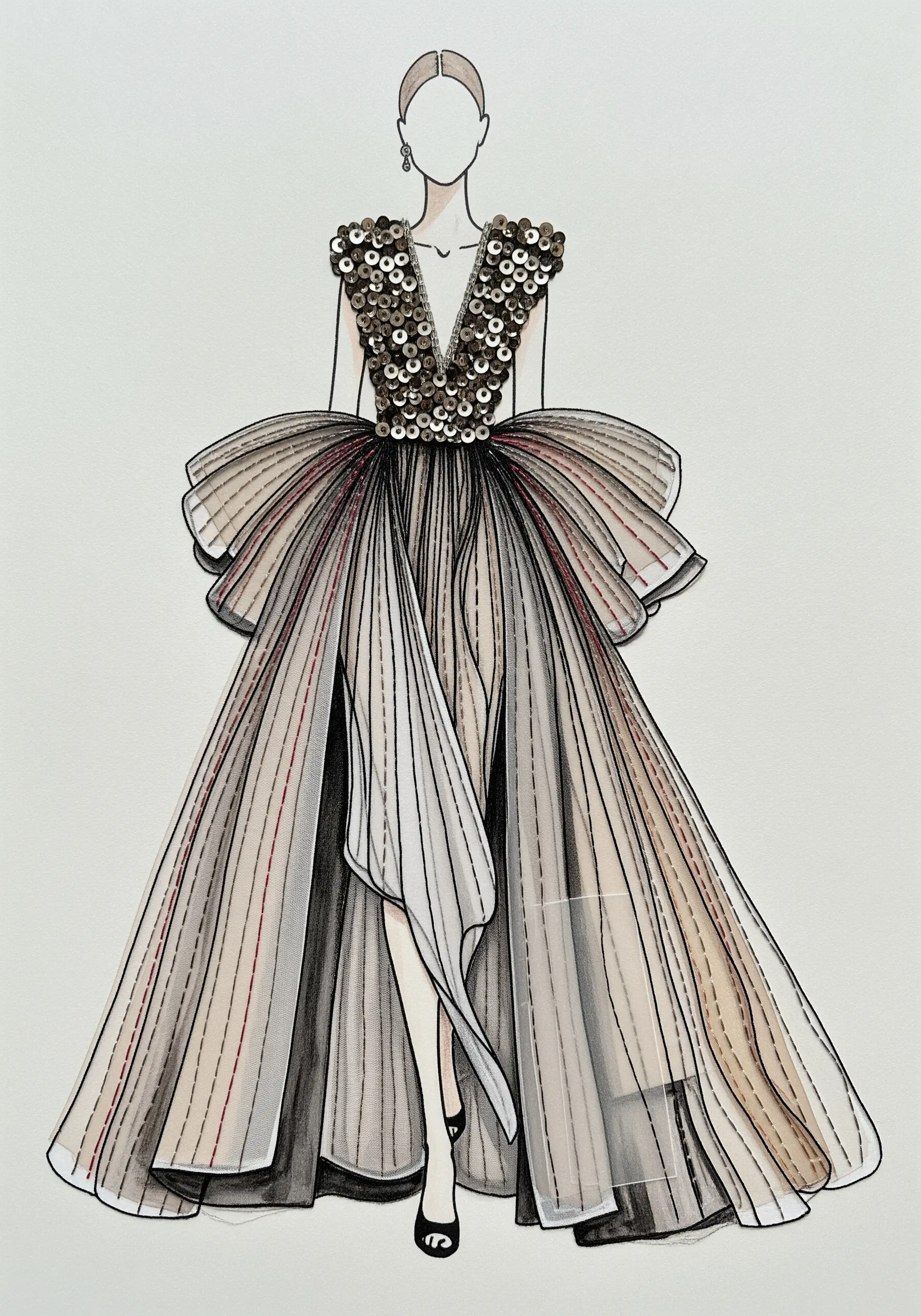 A fashion illustration of a gown with a bodice covered in sequins and a skirt detailed with long stitches.