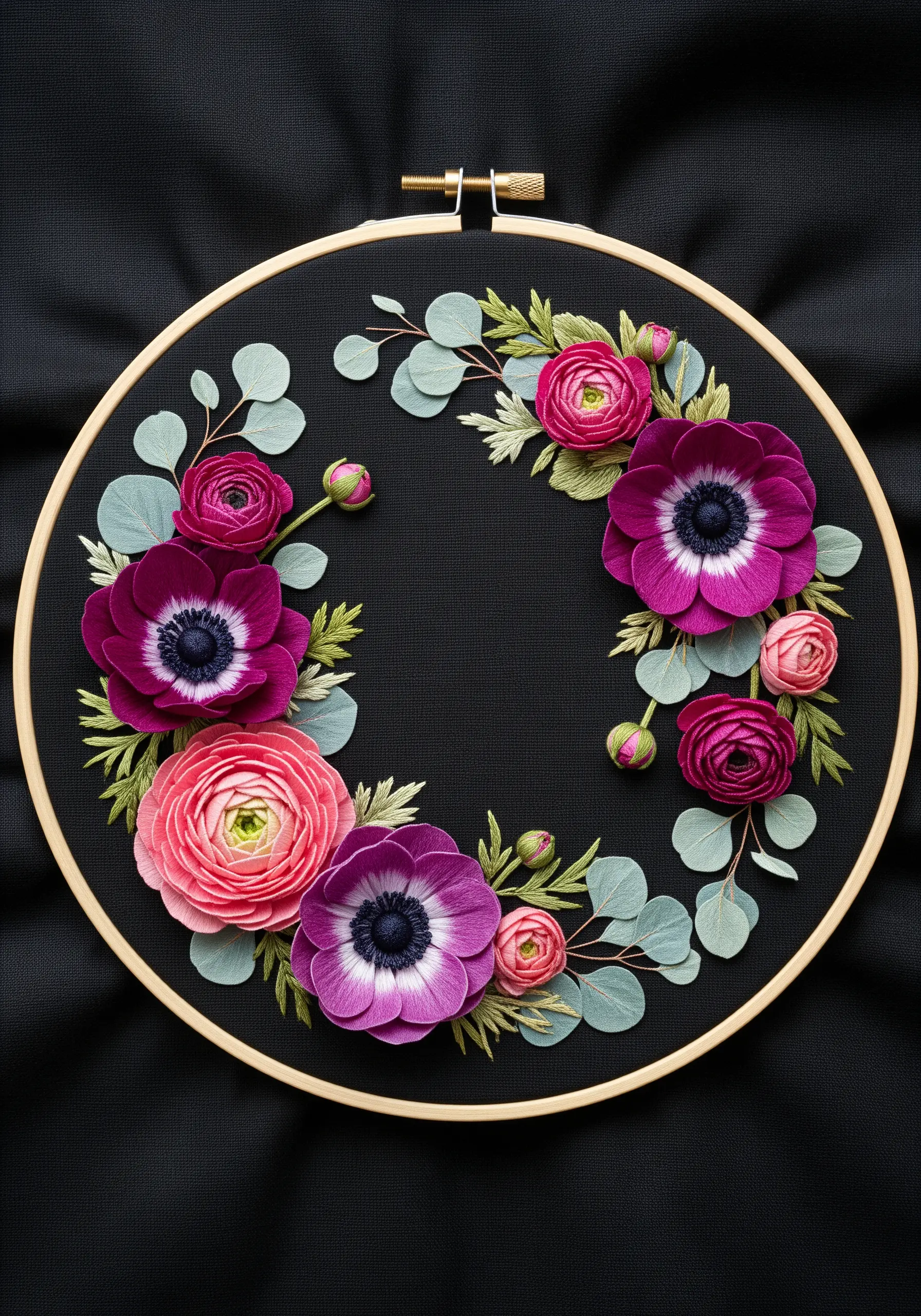 A dimensional wreath of magenta and pink paper flowers with embroidered leaves on black fabric.