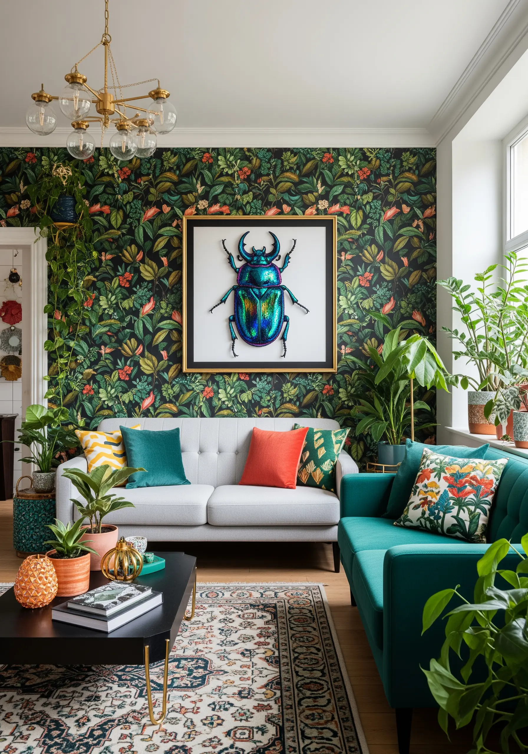A large, iridescent beetle embroidered with shimmering blue and green threads in a black frame.
