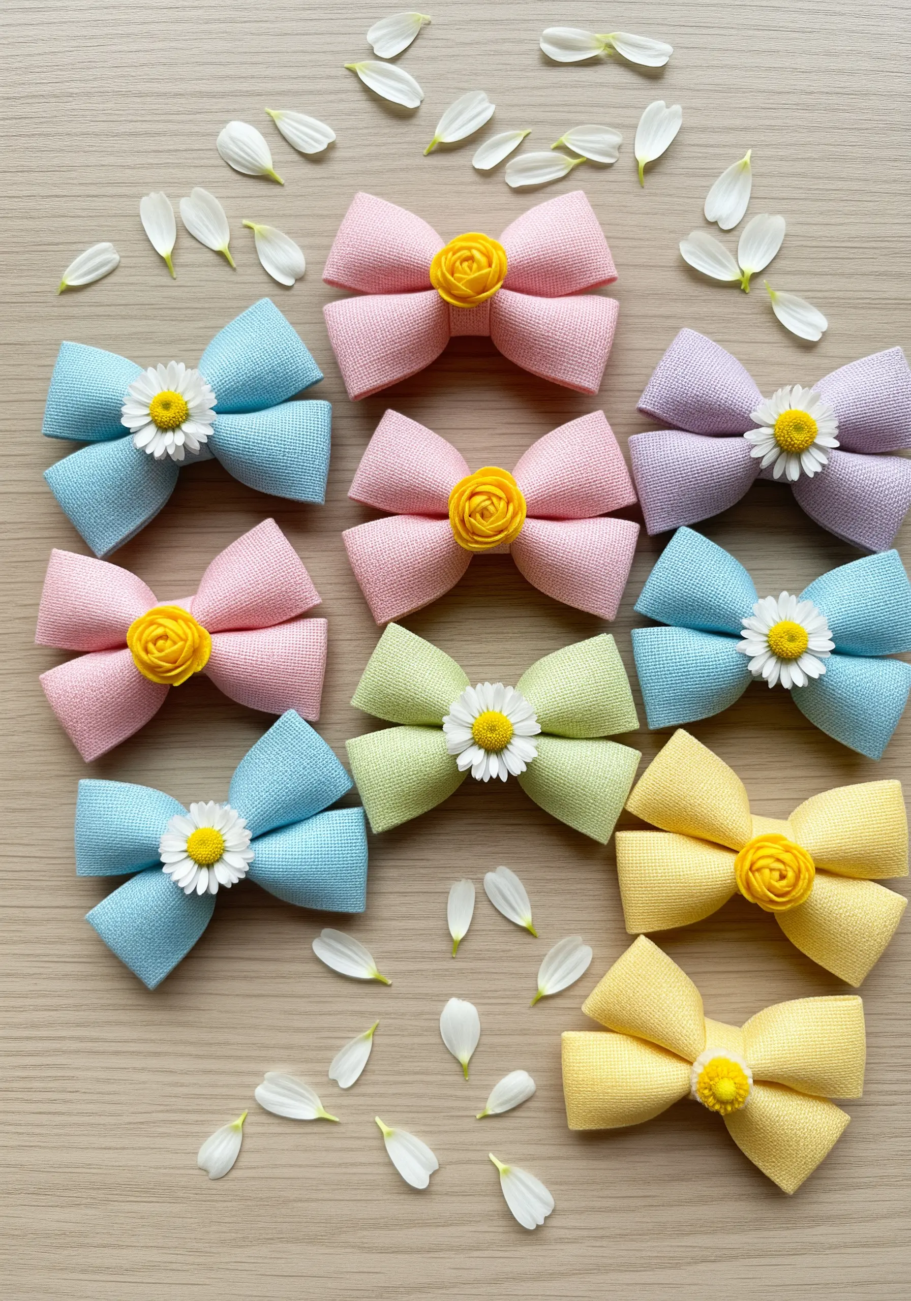 An assortment of colorful linen hair bows, each embellished with a single daisy or buttercup.