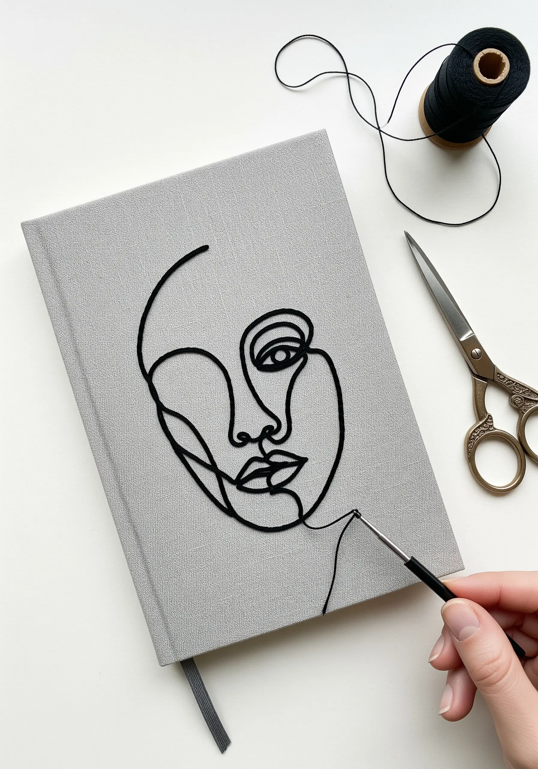 A single-line abstract face embroidered in black thread on a grey fabric journal cover.