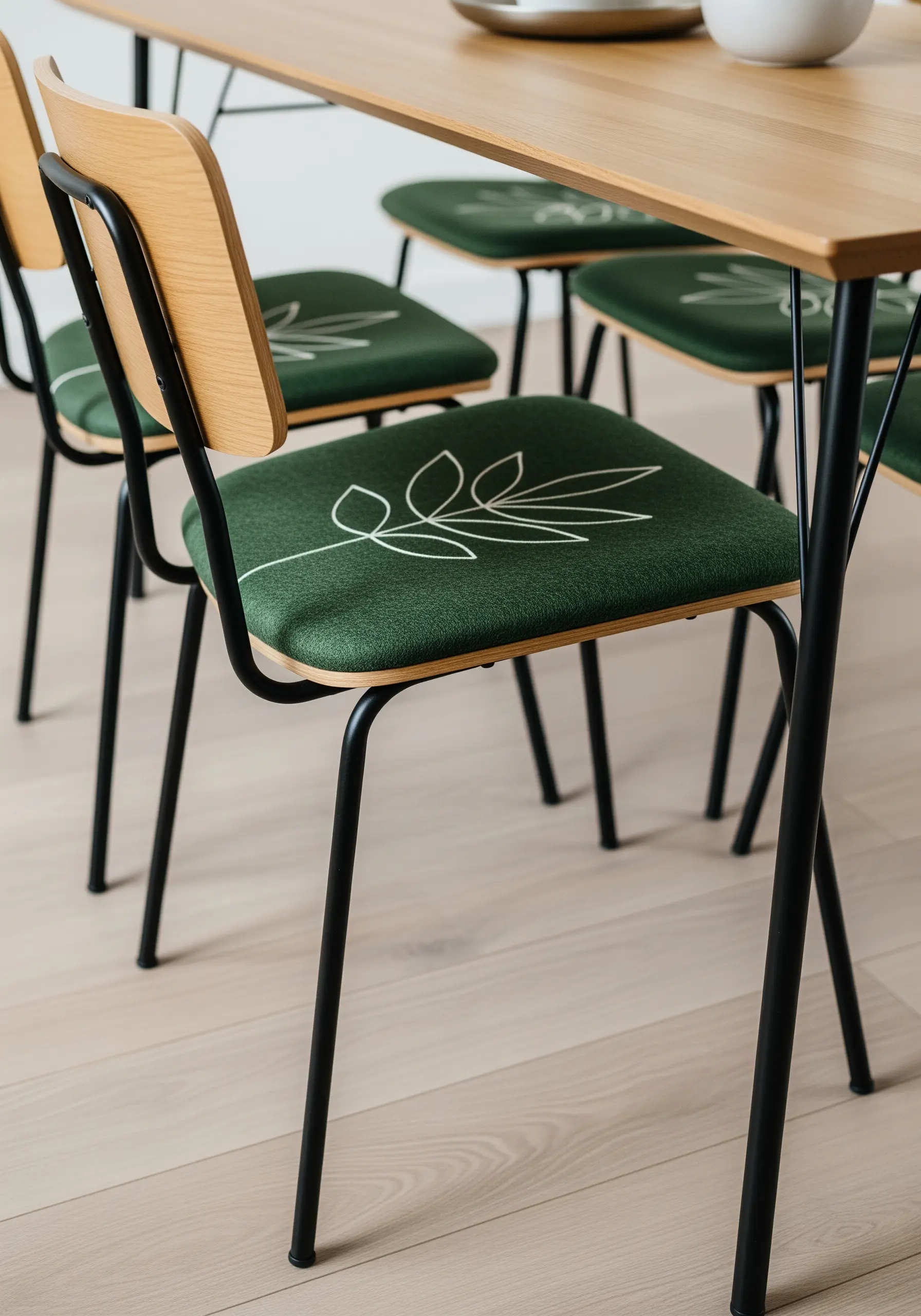 A dark green dining chair seat embroidered with a single-line art leaf in white thread.