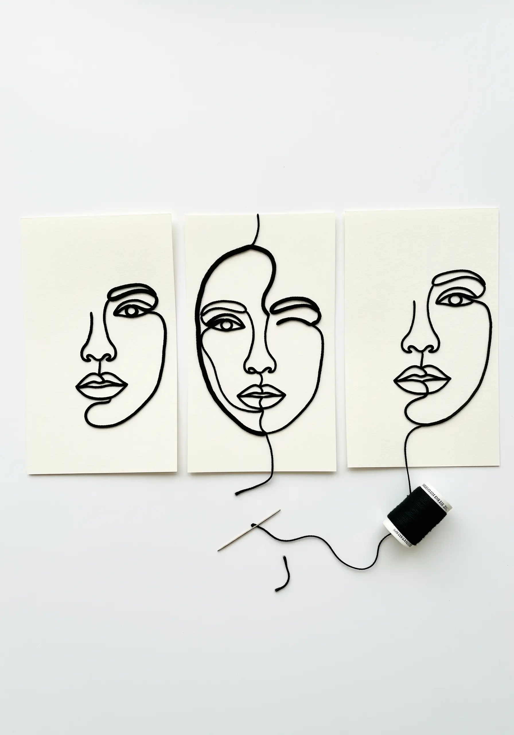 Three minimalist line art faces created with a single black thread on white cards.