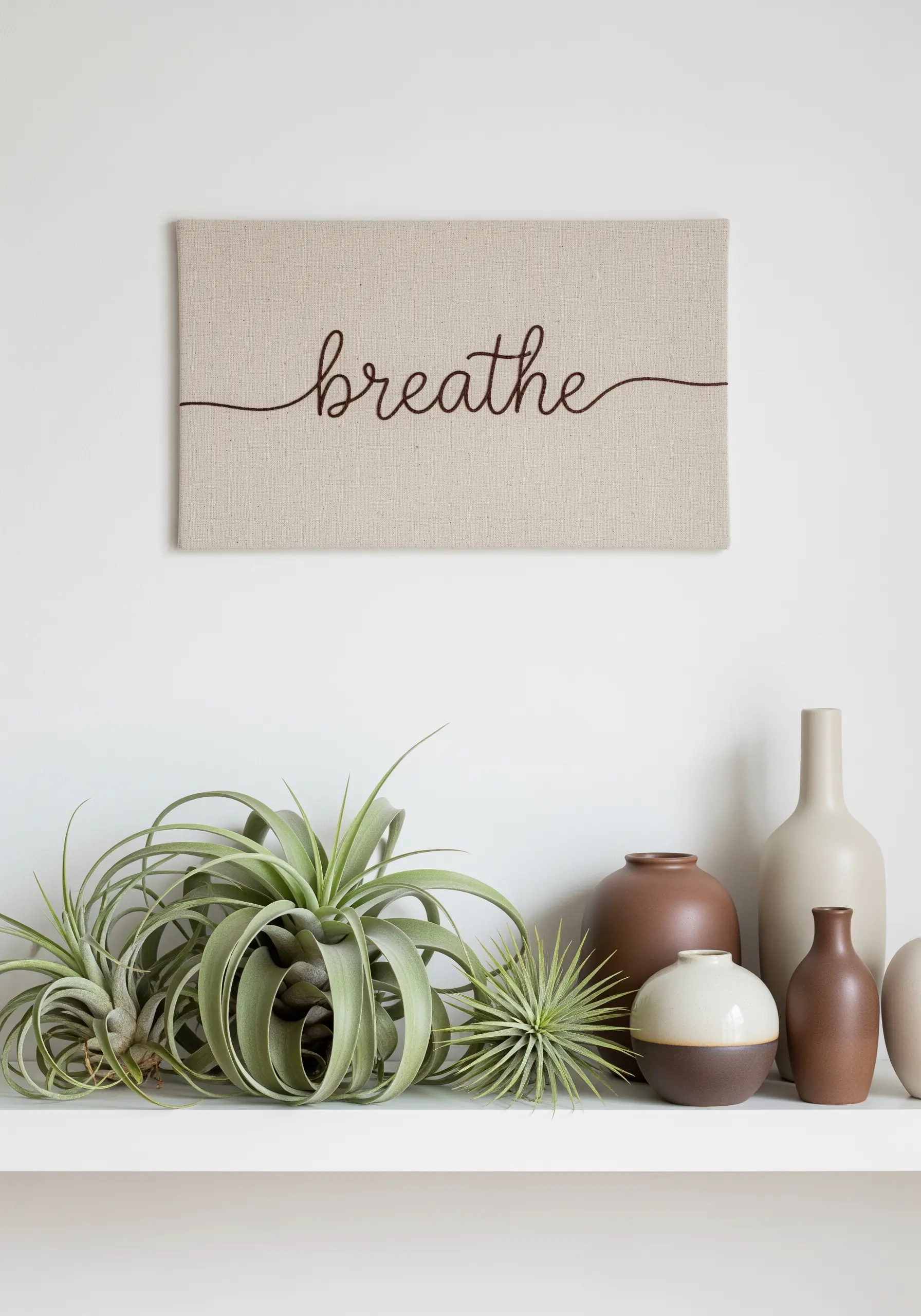 The word 'breathe' embroidered in a single brown thread line on a beige canvas.