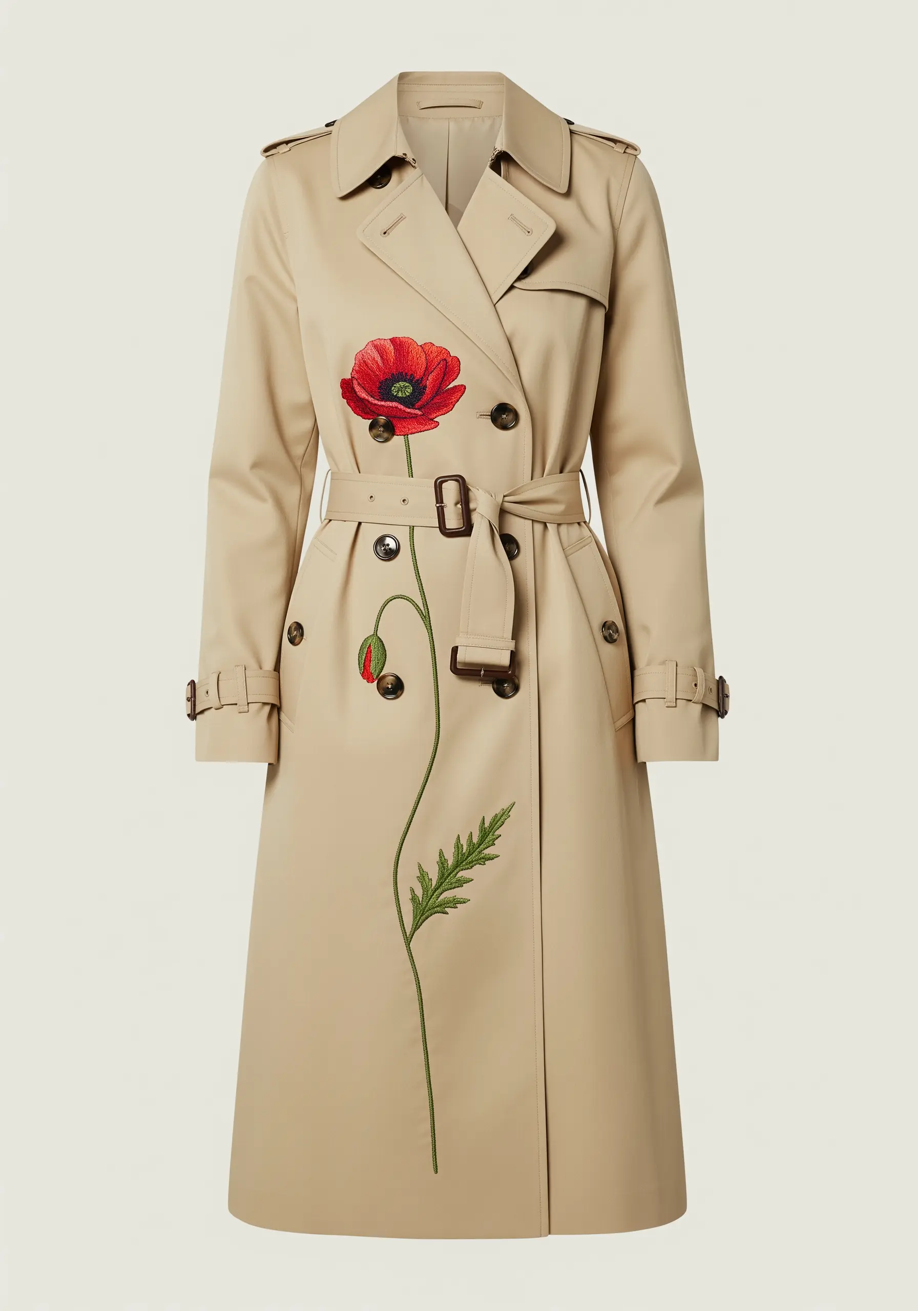 A single, large embroidered red poppy extending down the front of a trench coat.