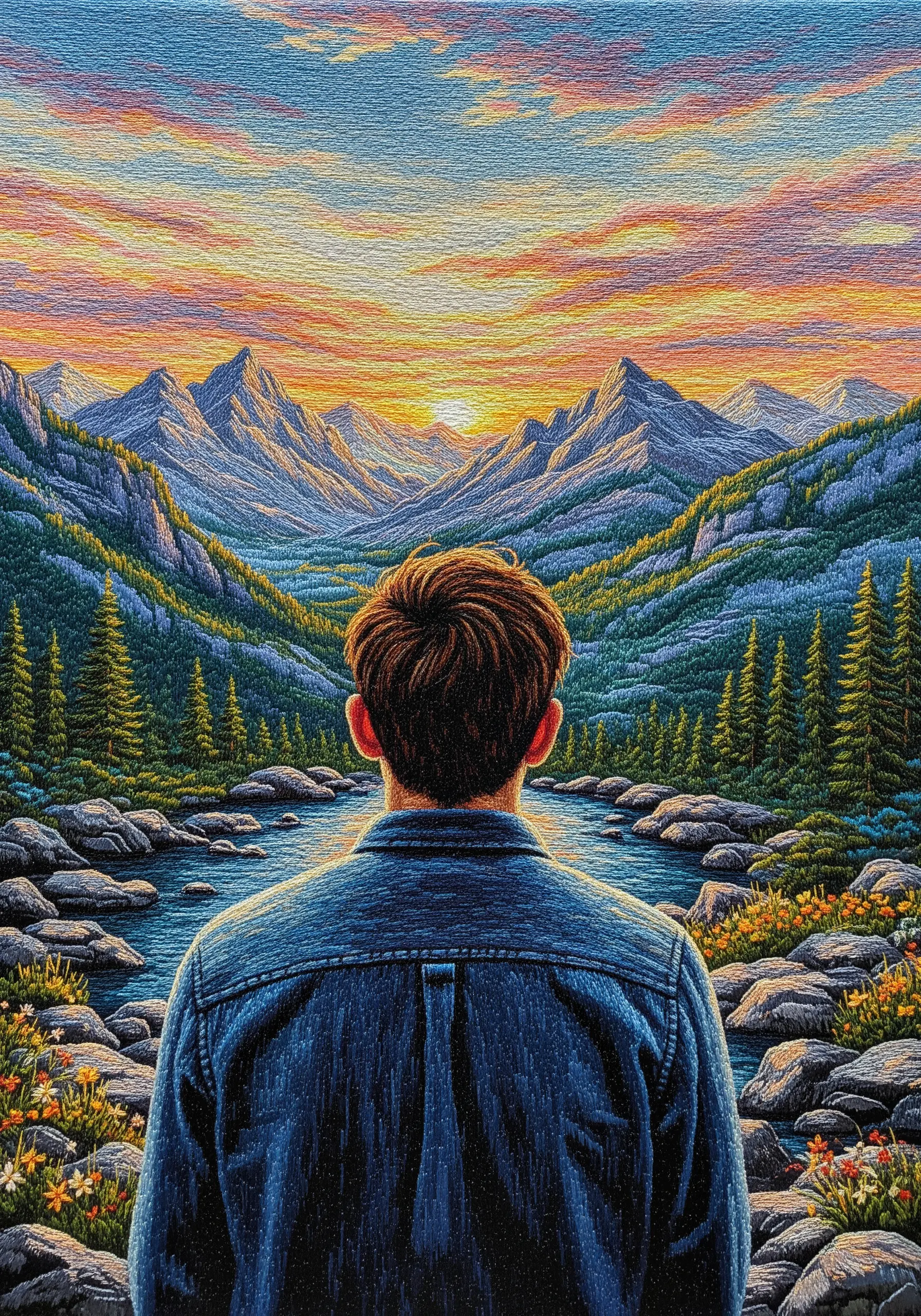 Embroidery of a man from behind, looking out at a detailed, colorful mountain landscape.