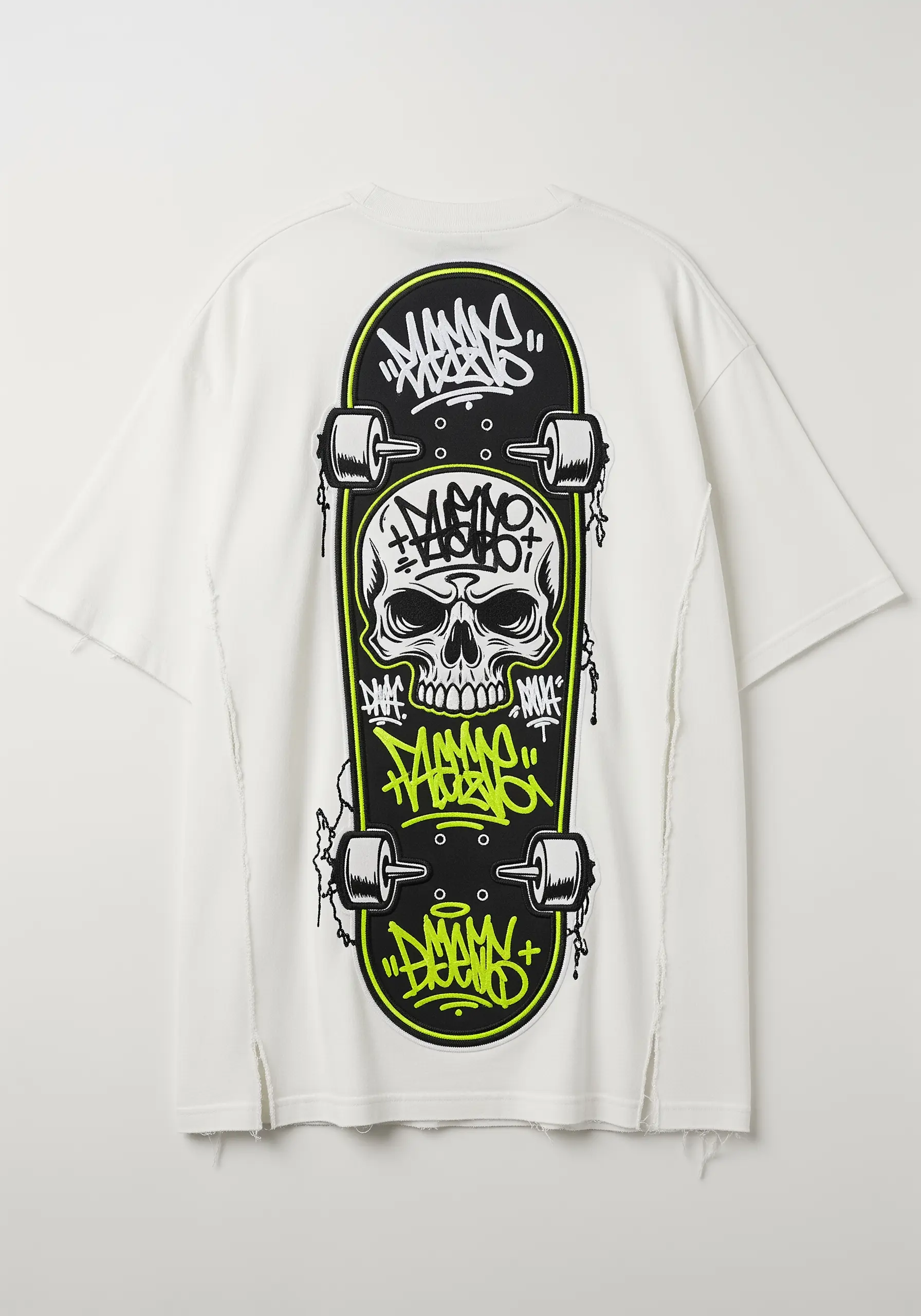 Embroidered skateboard with a skull and graffiti, outlined in bright neon green.