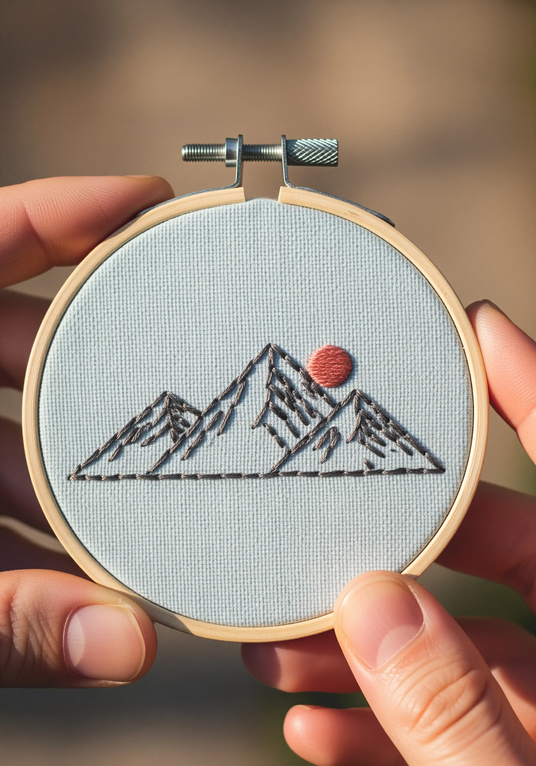 A minimalist mountain range outlined in dark thread on light blue fabric in a hoop.