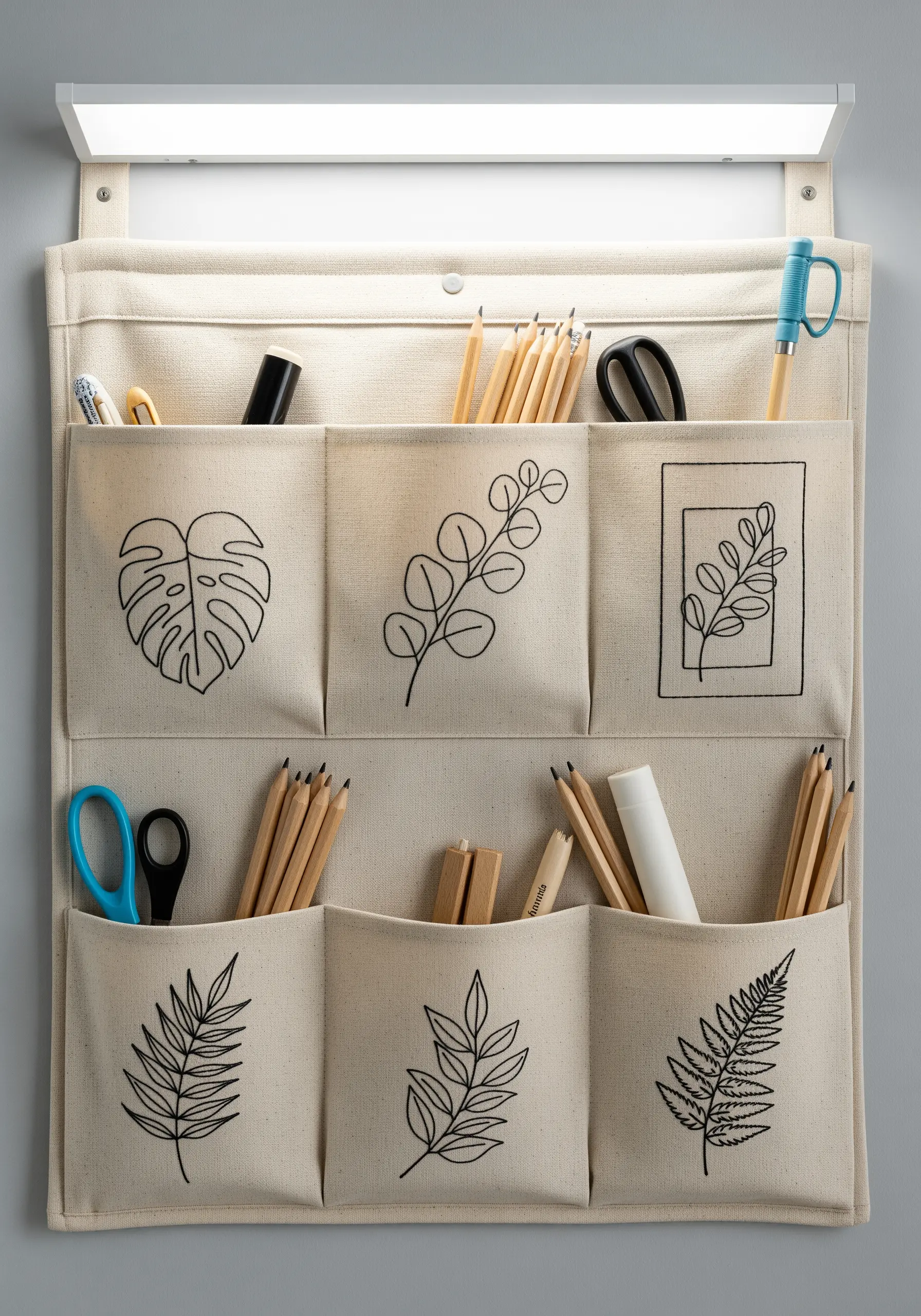 Canvas wall organizer with pockets, each decorated with a simple black-thread line drawing of a leaf.