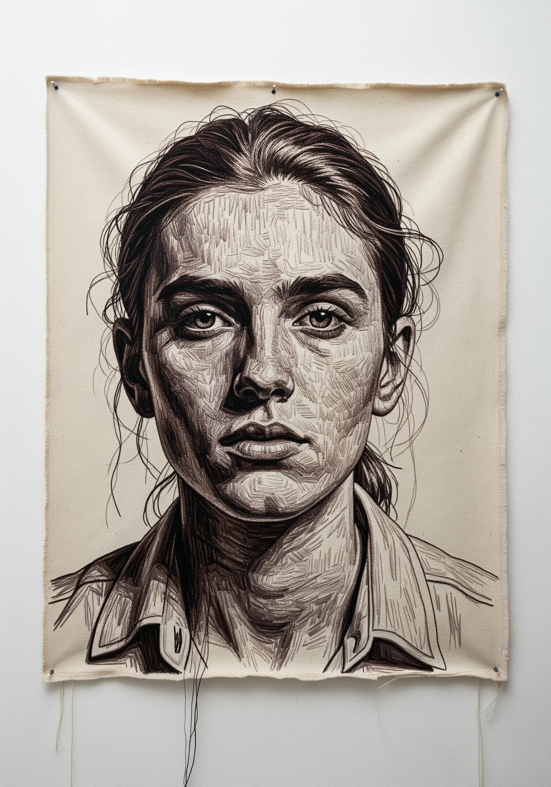 An expressive, sketch-like portrait embroidered on raw canvas using directional black thread stitches.