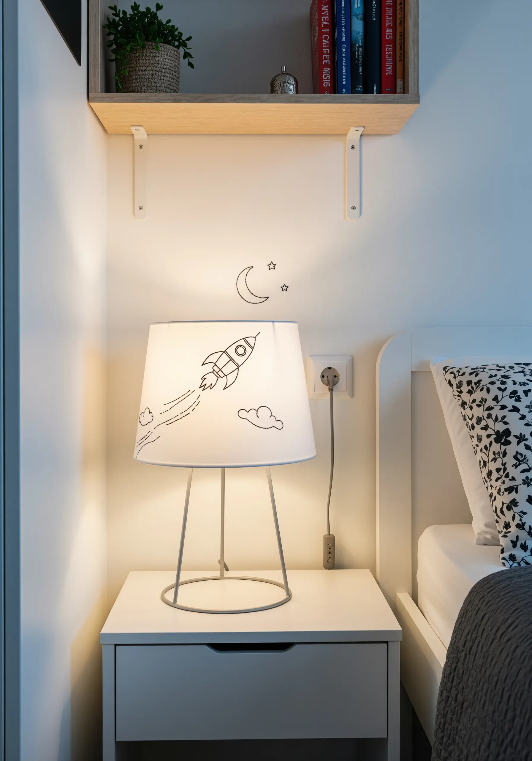 A simple line-art embroidery of a rocket ship, moon, and stars on a white lampshade.