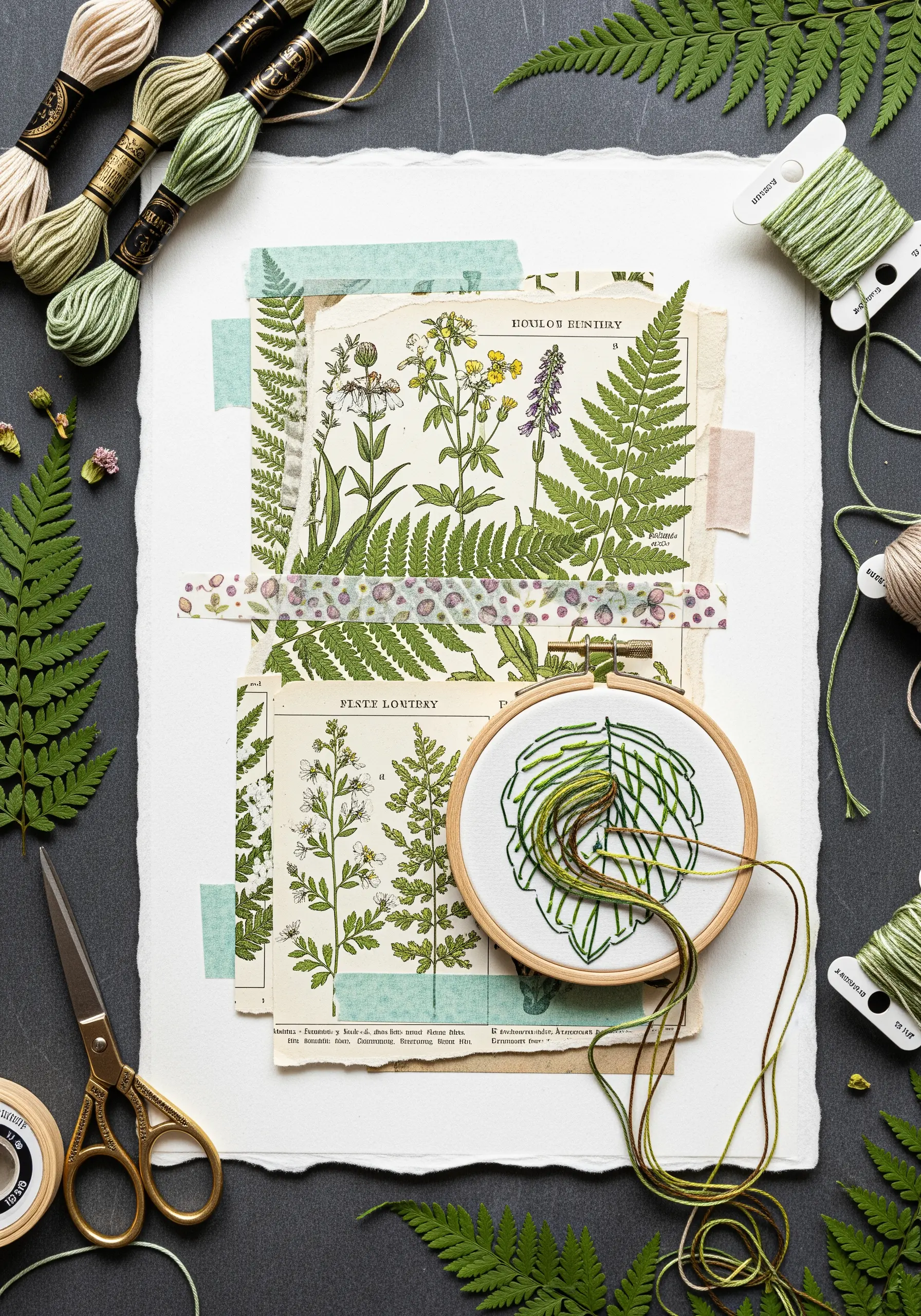 Embroidery hoop with a half-stitched leaf over a collage of botanical illustrations and thread.
