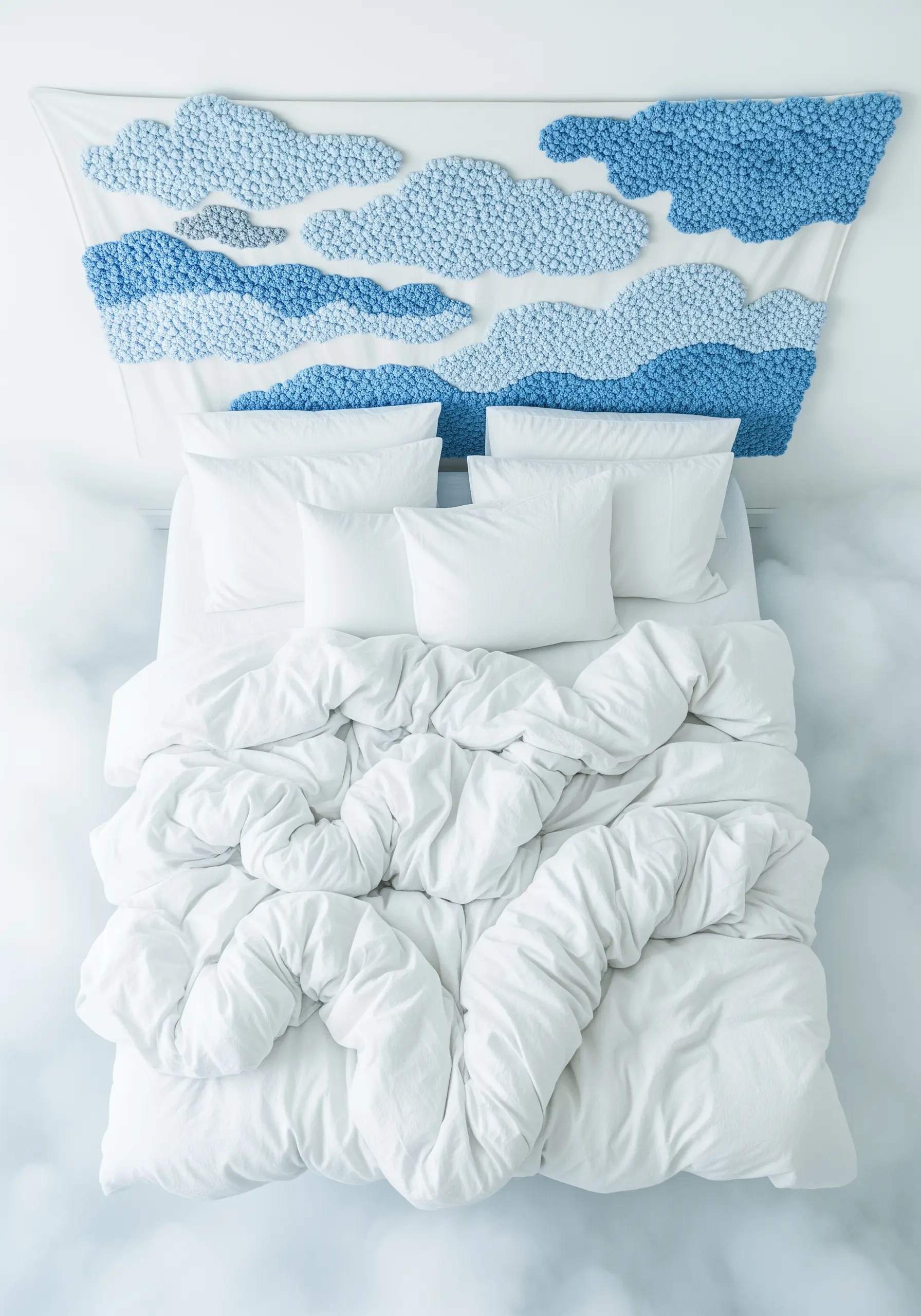Textural wall hanging of blue and white clouds made with punch needle embroidery above a bed