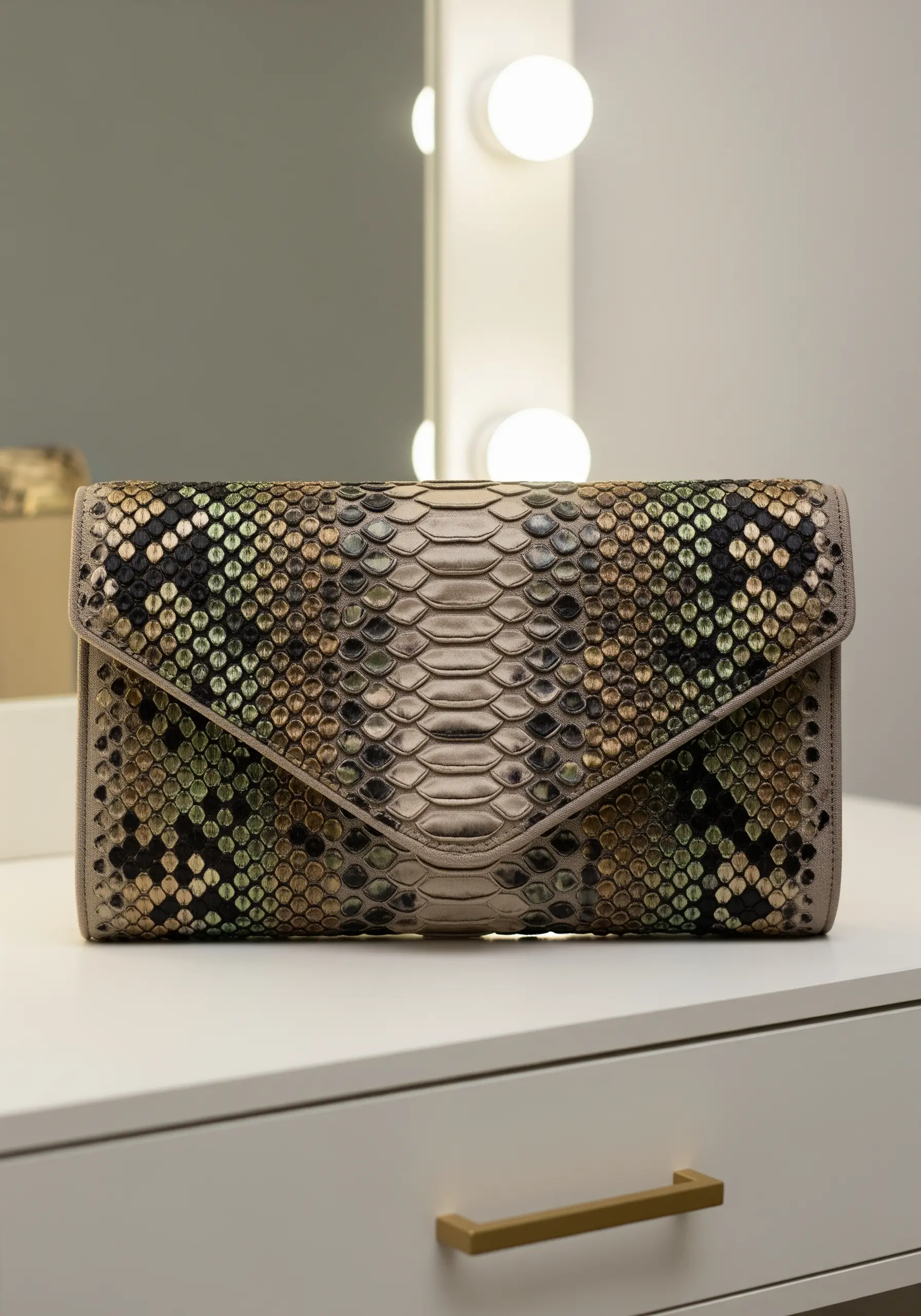 An embroidered clutch bag with a highly realistic green, beige, and black snakeskin pattern.
