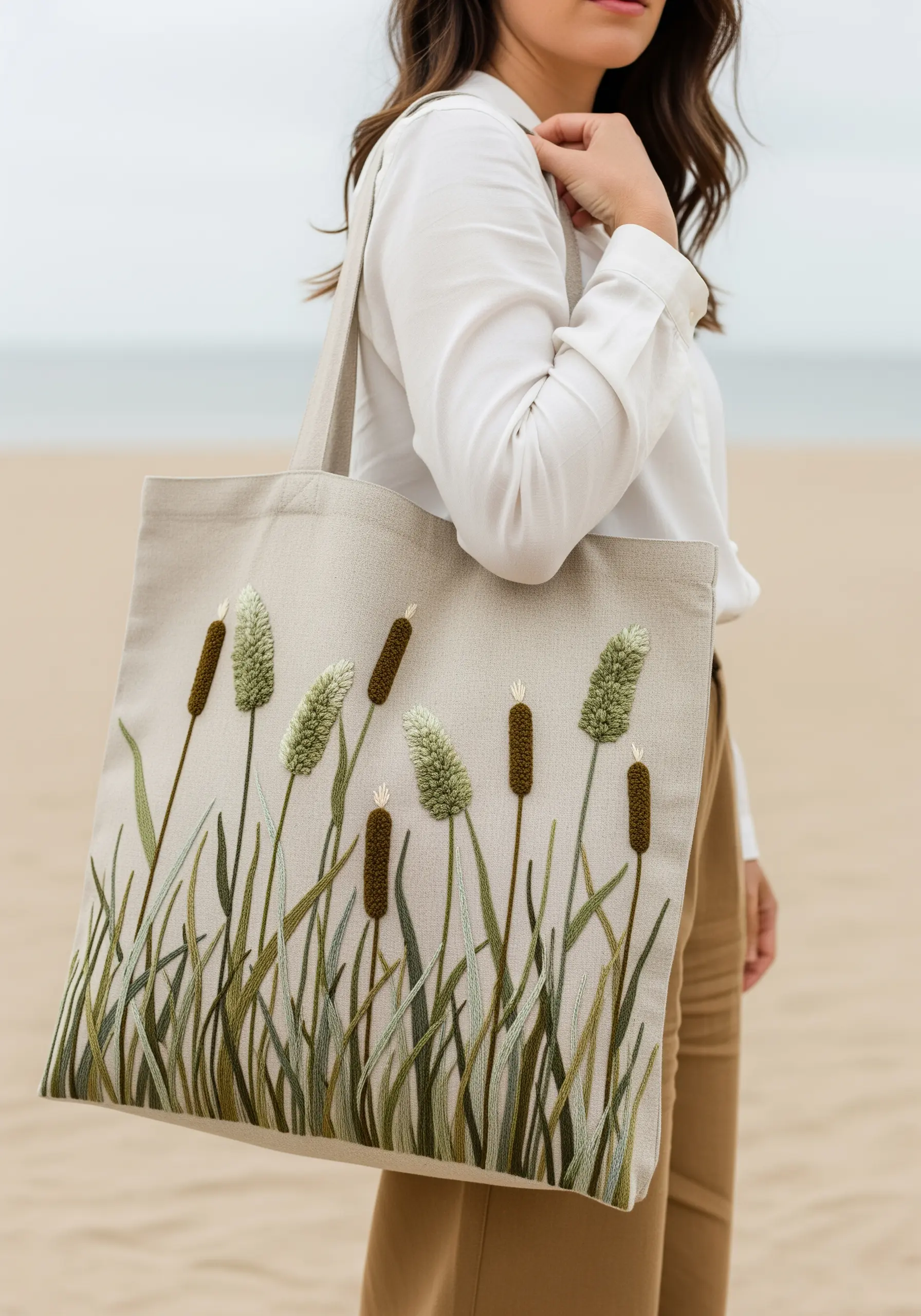 Embroidered cattails on a linen tote bag, using French knots and bullion knots for texture.