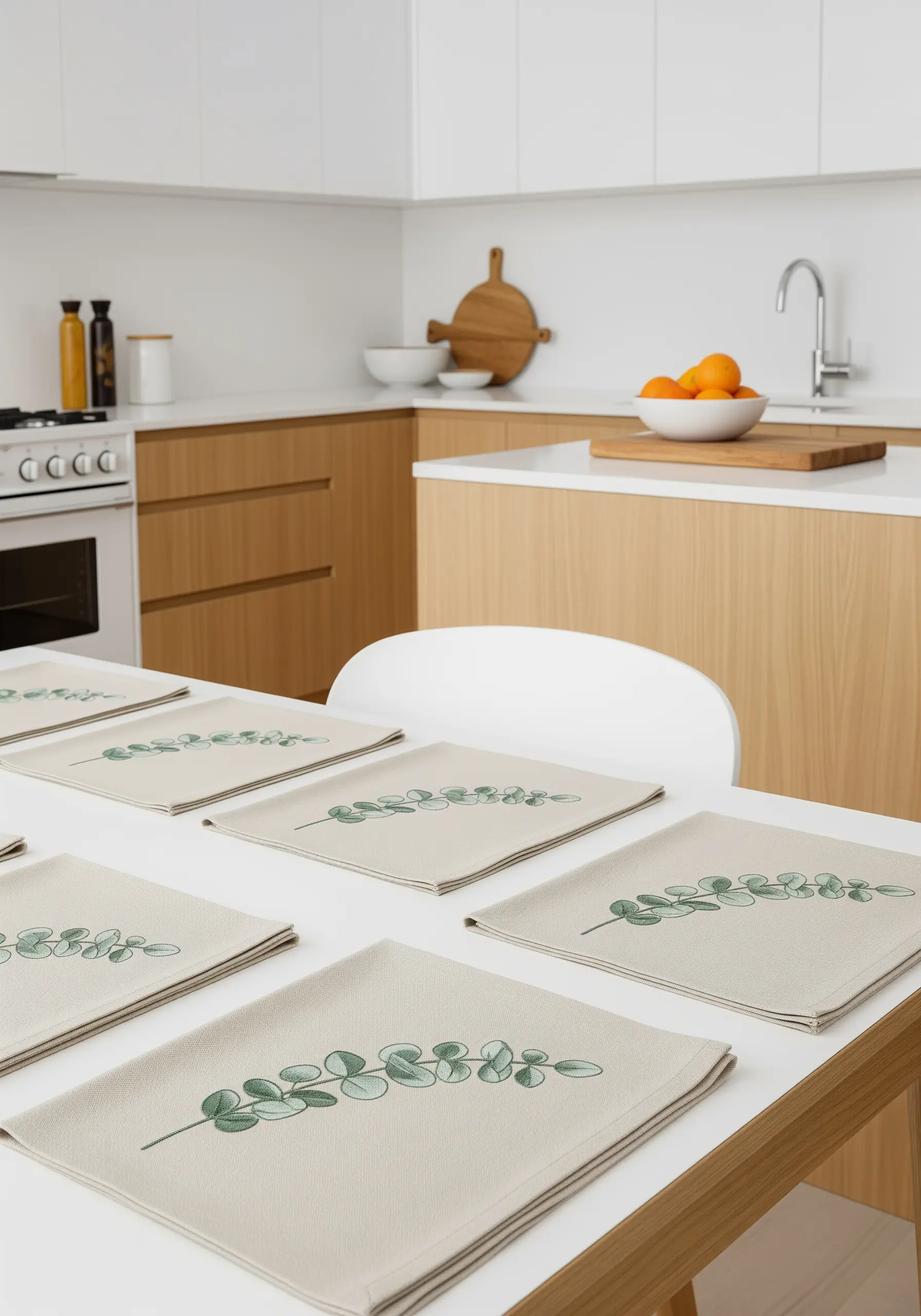 Minimalist eucalyptus branches embroidered in soft green on natural linen placemats.