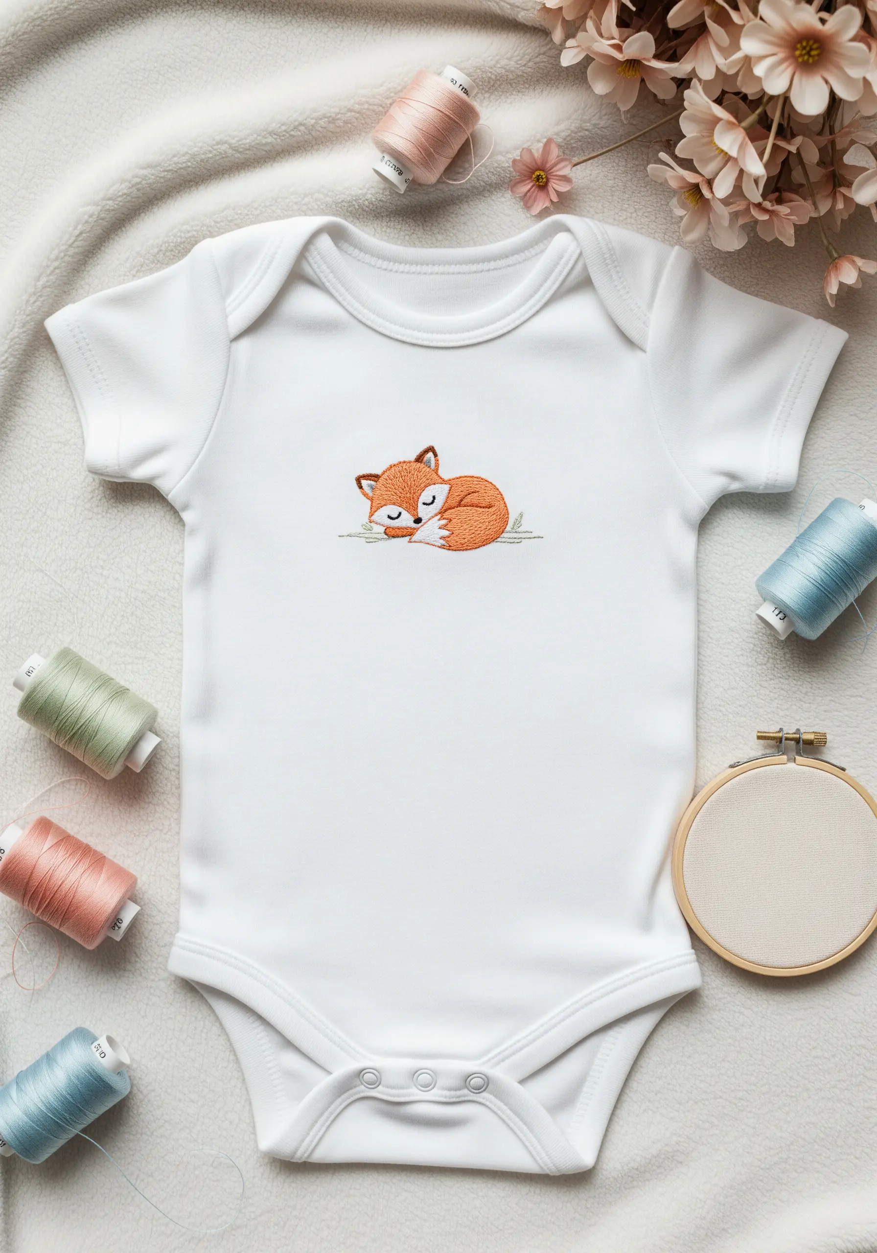 A small, sleeping fox embroidered on a white baby onesie using soft fill stitches.