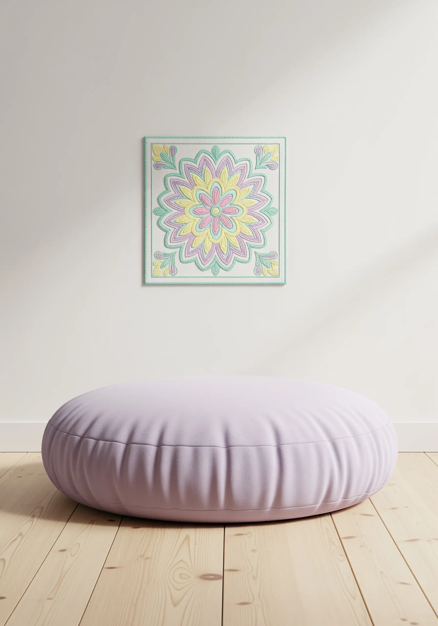 A mandala embroidered in soft pastel colors of yellow, pink, and mint green.