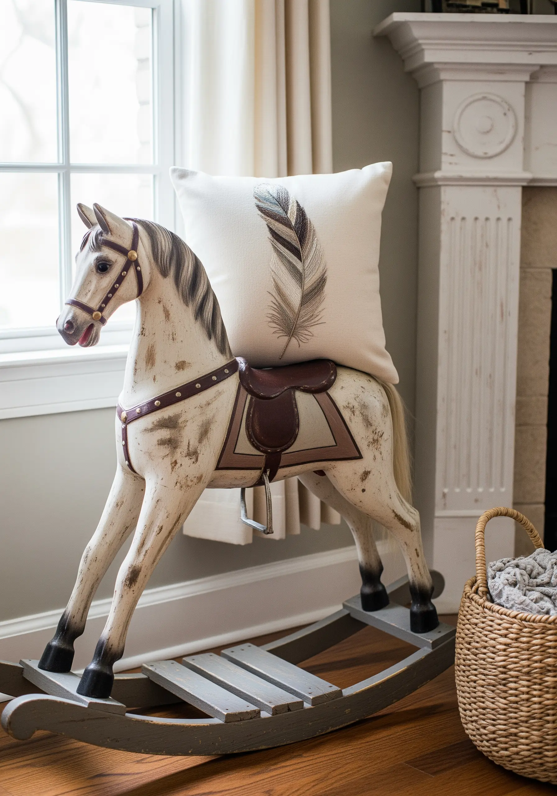 A realistically shaded feather embroidered using long and short stitch.