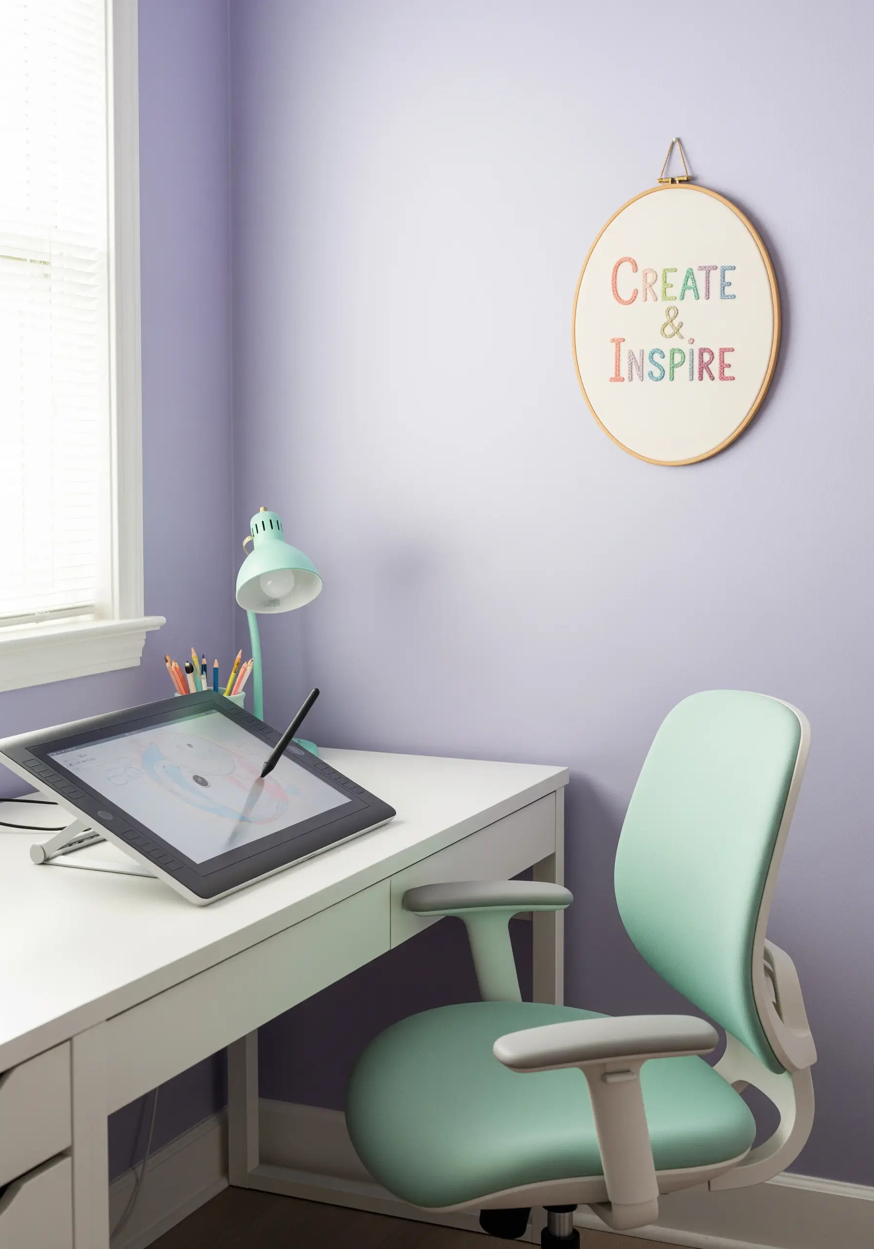 The phrase 'Create & Inspire' stitched in a soft, multicolored variegated thread.