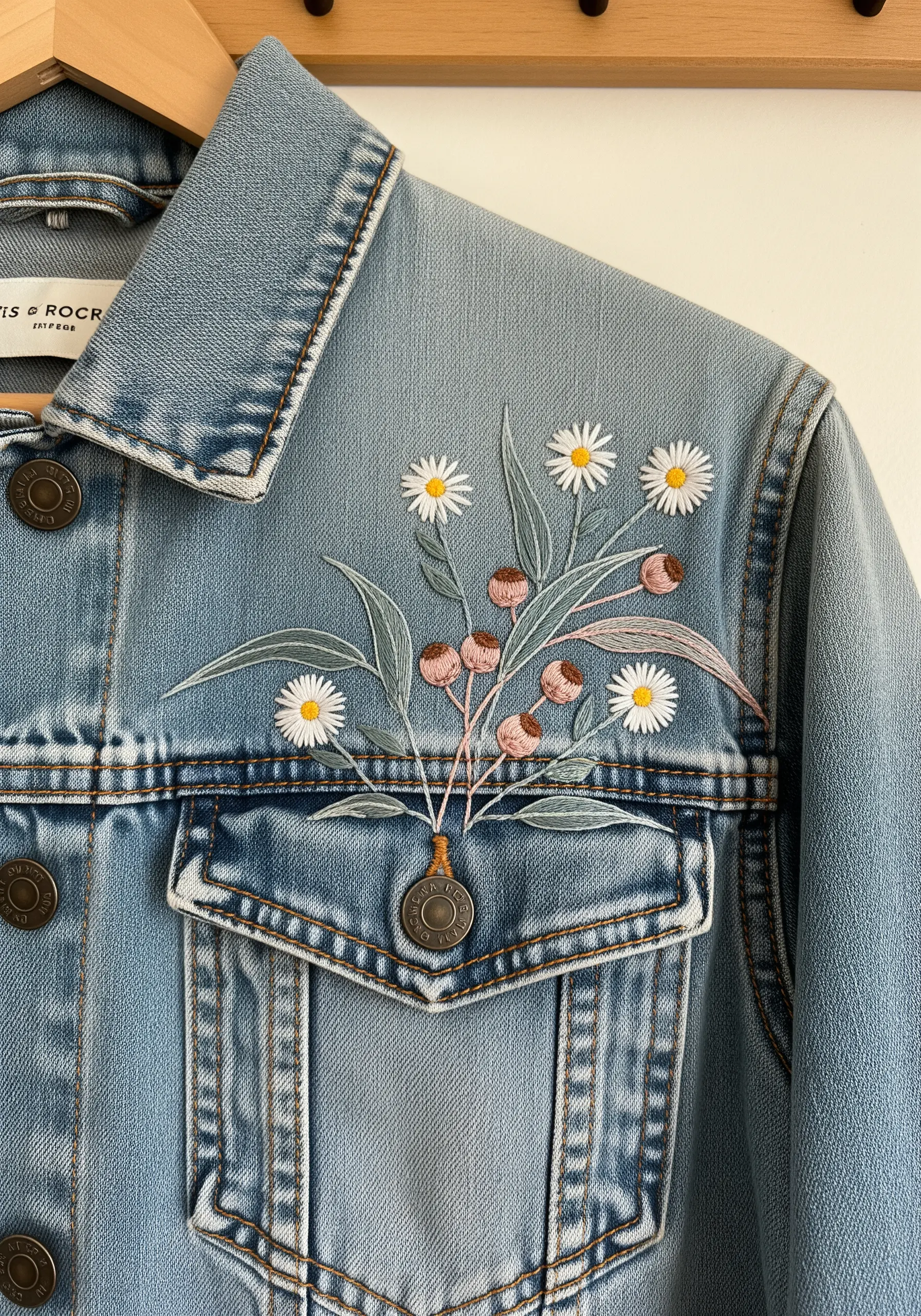 Soft-colored eucalyptus and daisy embroidery on a denim jacket pocket