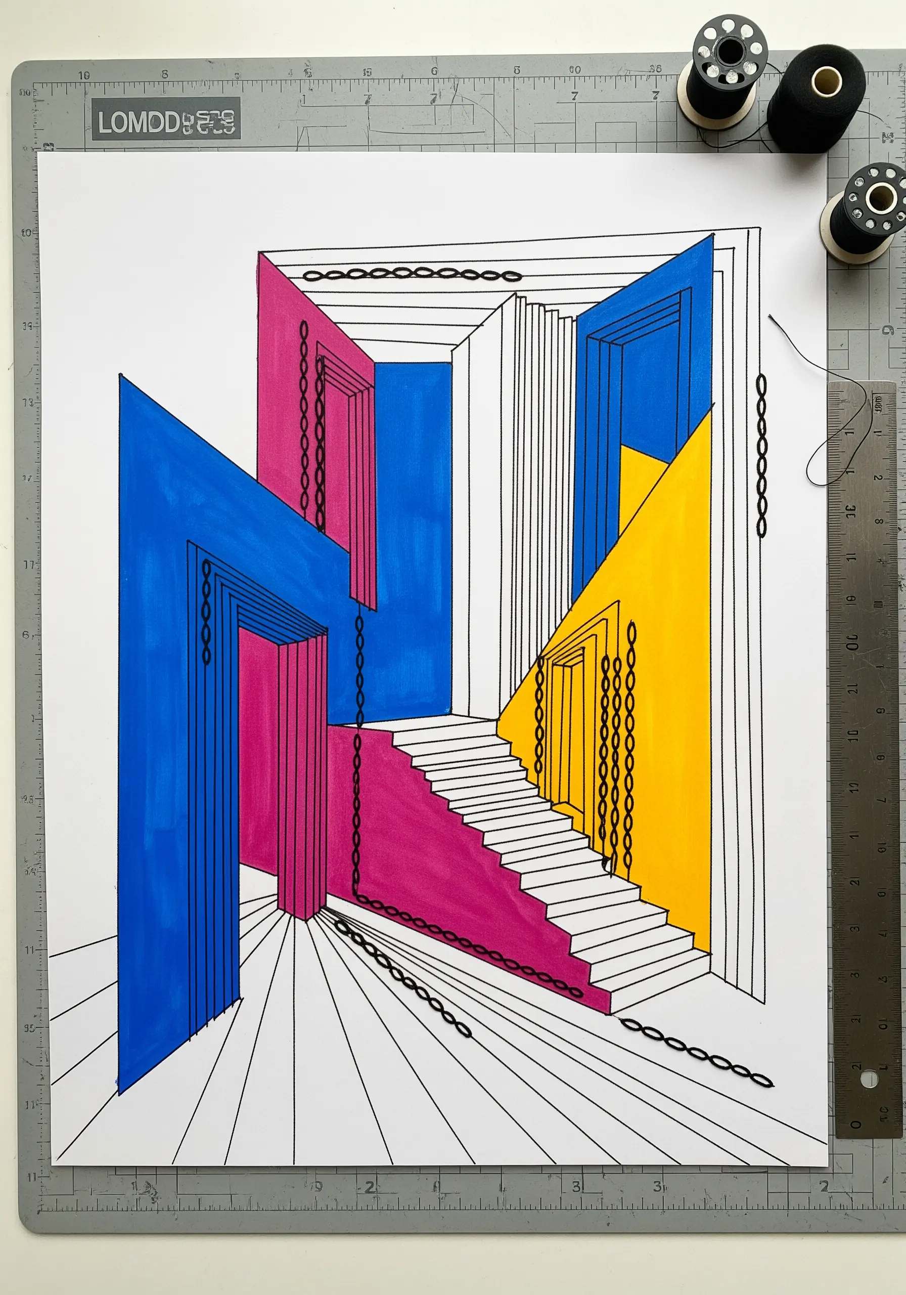 An abstract architectural drawing in bright colors with black thread stitched in draped chain patterns.