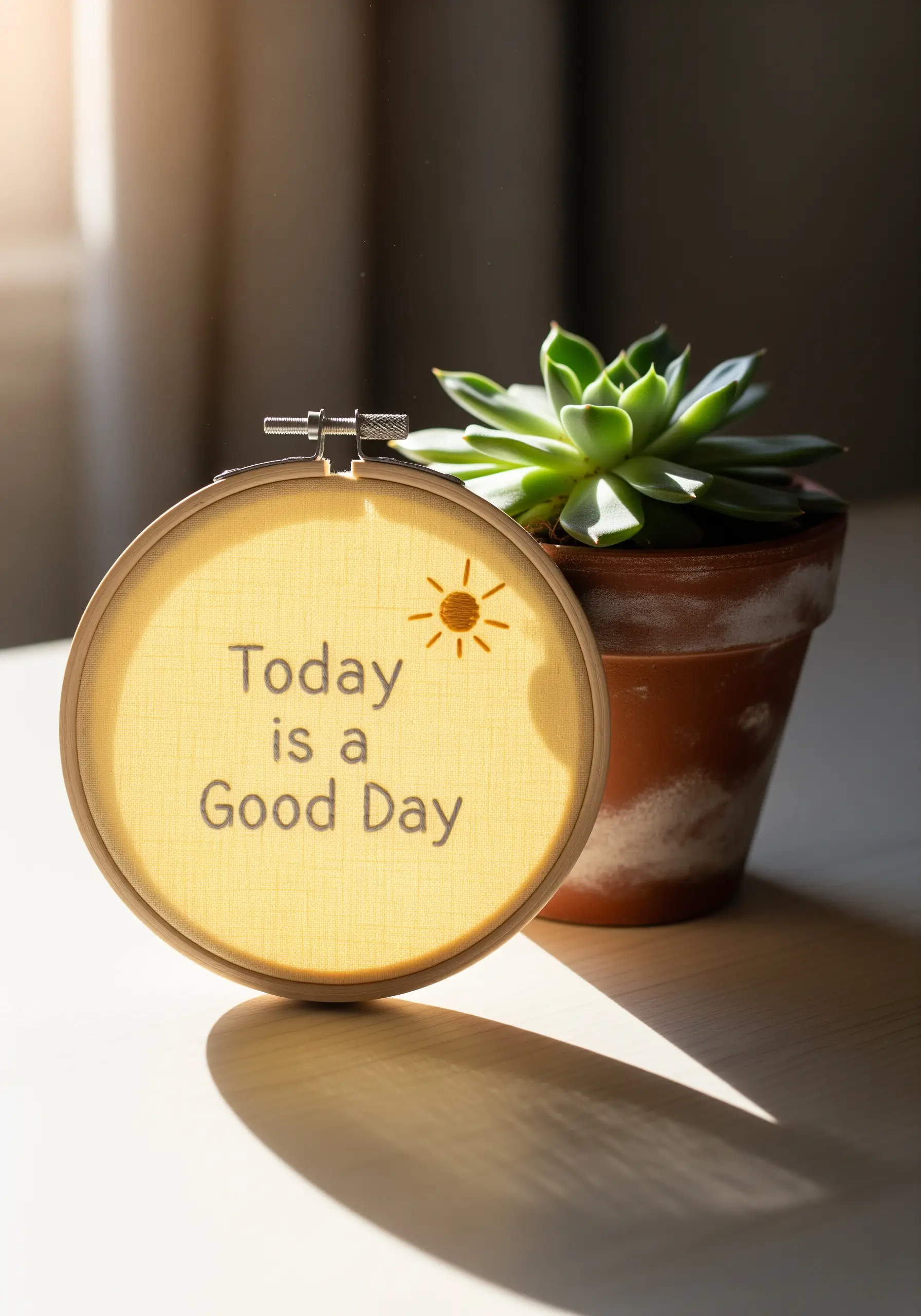 'Today is a Good Day' embroidered in gray on yellow fabric with a small sun icon.