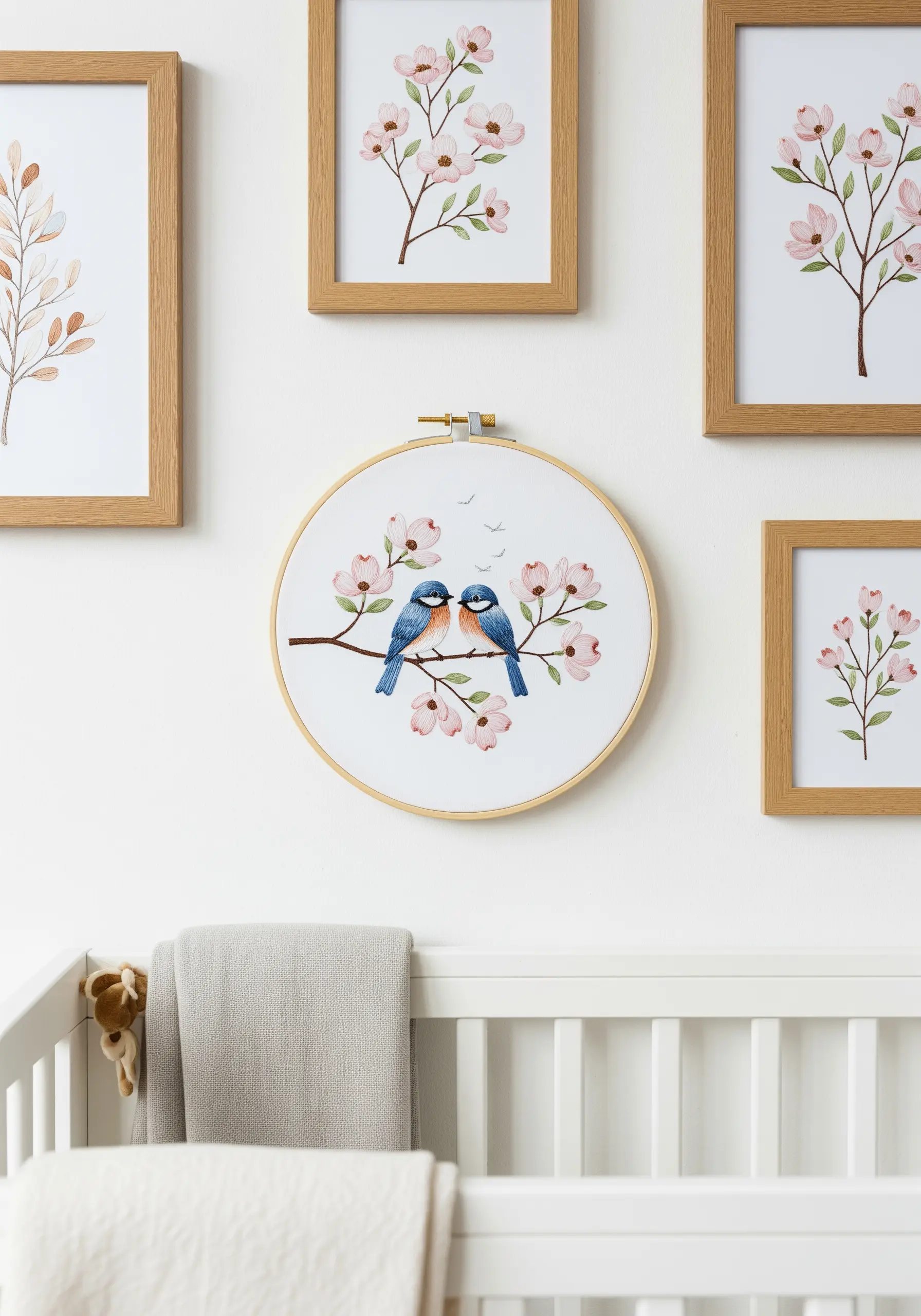 Two small bluebirds on a pink cherry blossom branch, styled in a nursery.