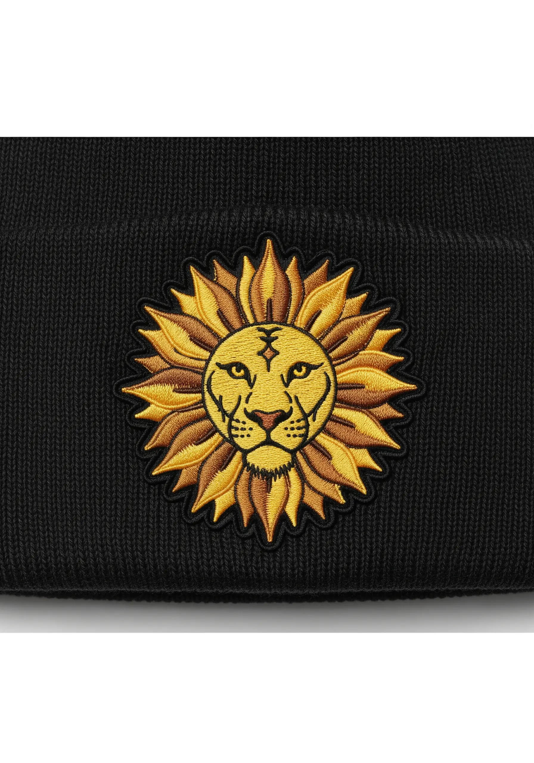 Embroidered patch of a lion's face centered within a sunflower on a black knit beanie.
