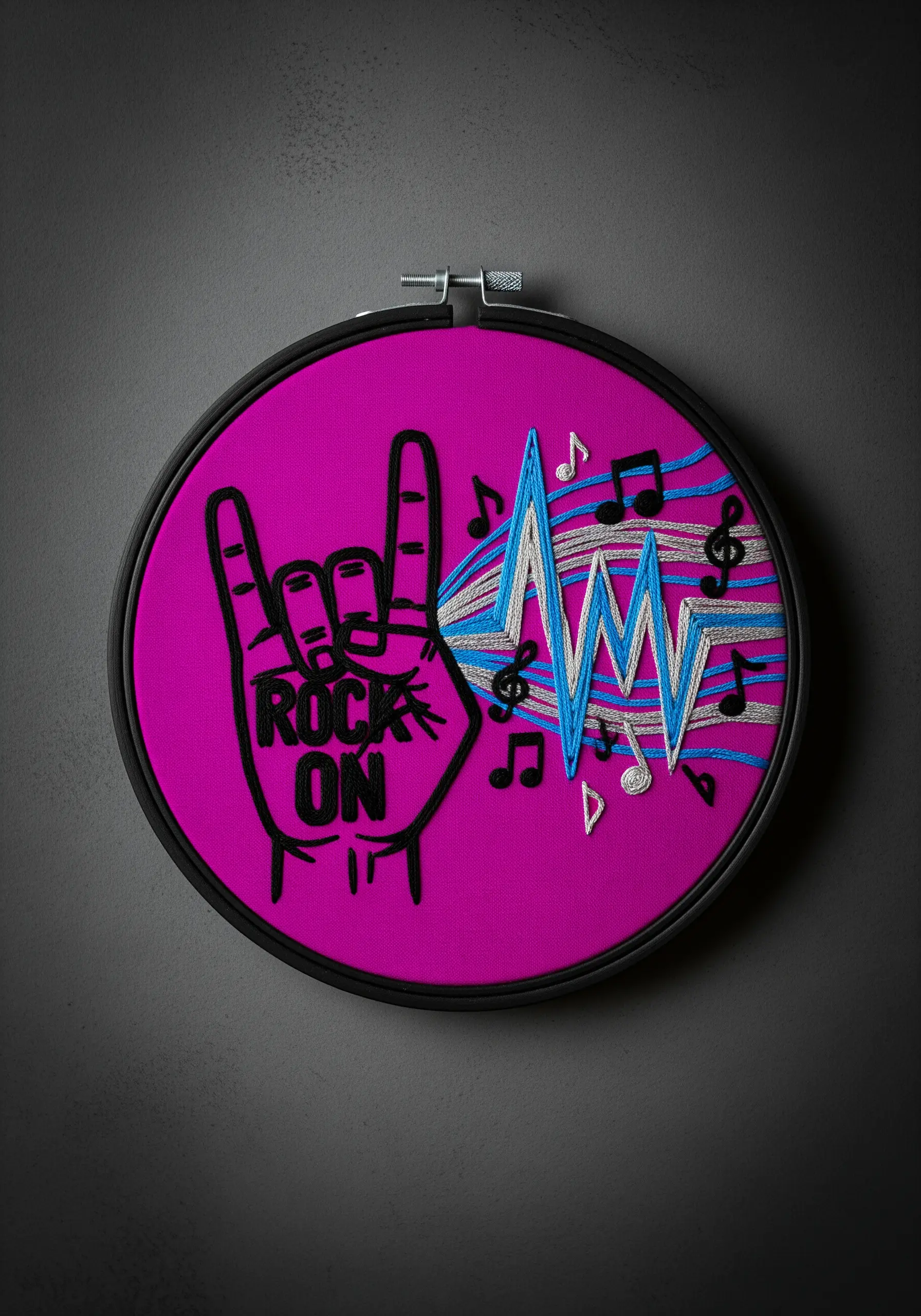 A 'rock on' hand gesture with embroidered sound waves and musical notes.