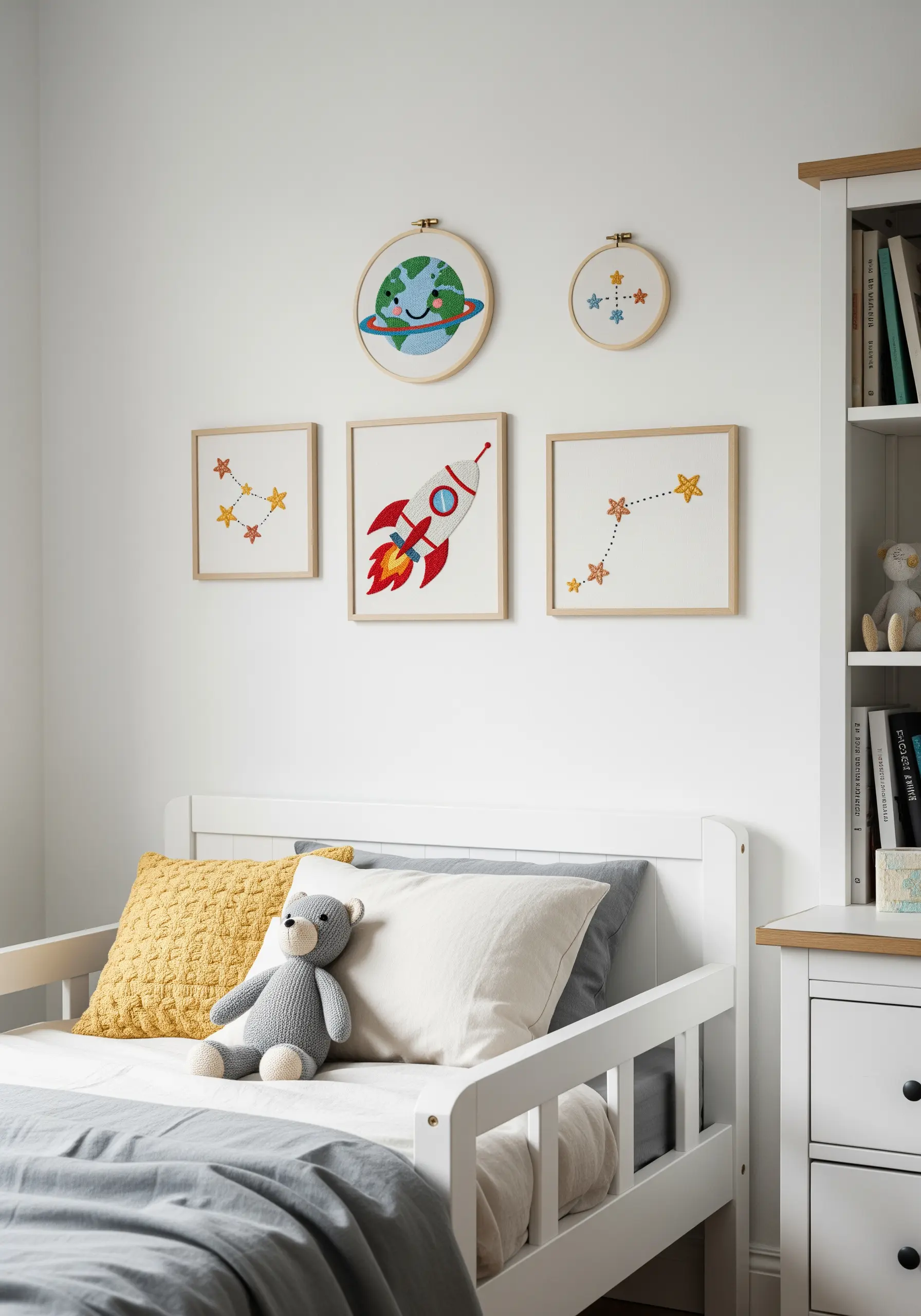A collection of space-themed embroidery art, including a rocket and constellations, in a child's bedroom