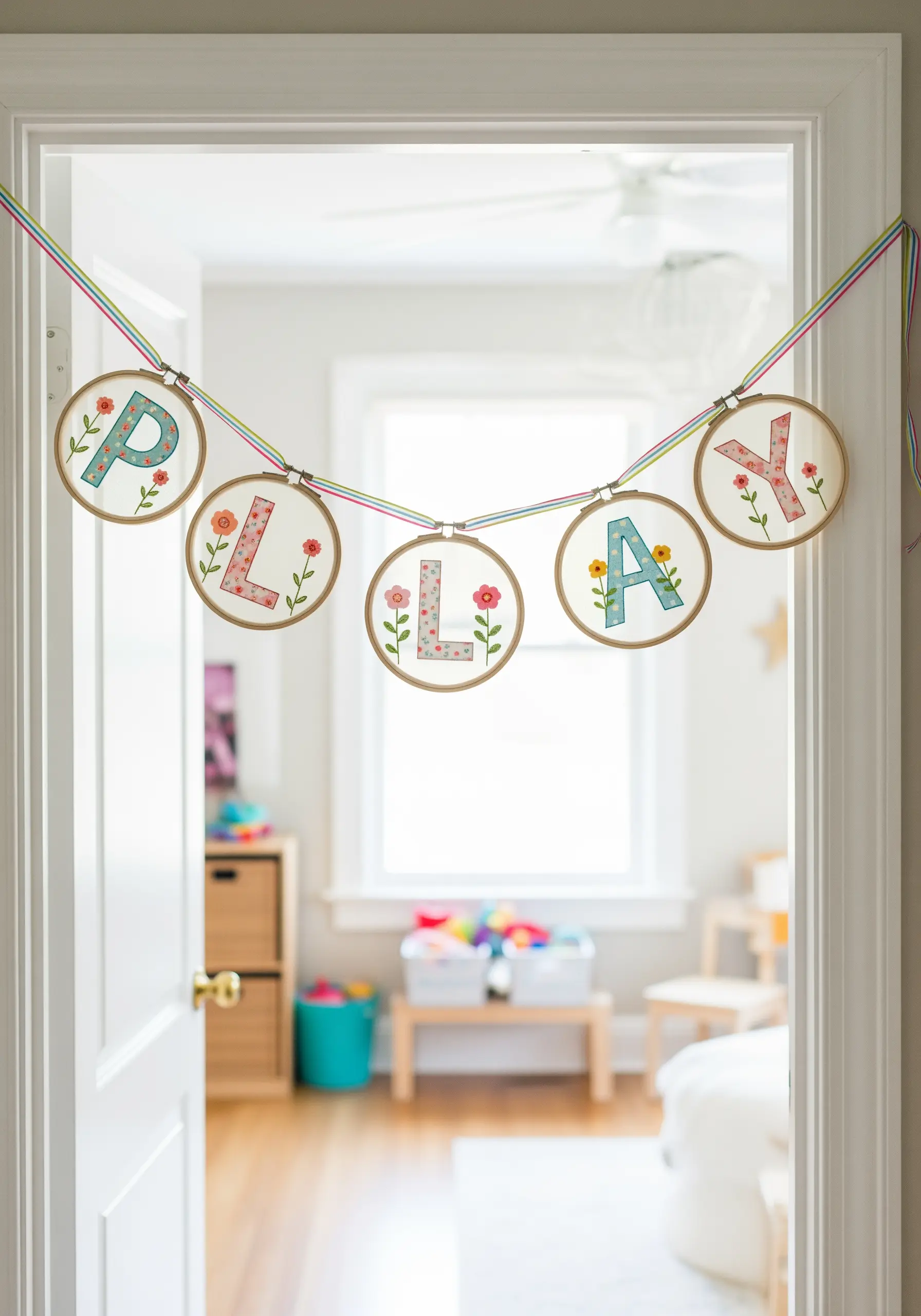 A garland made of five embroidery hoops on sheer fabric spelling out the word 'PLAY' with floral letters.