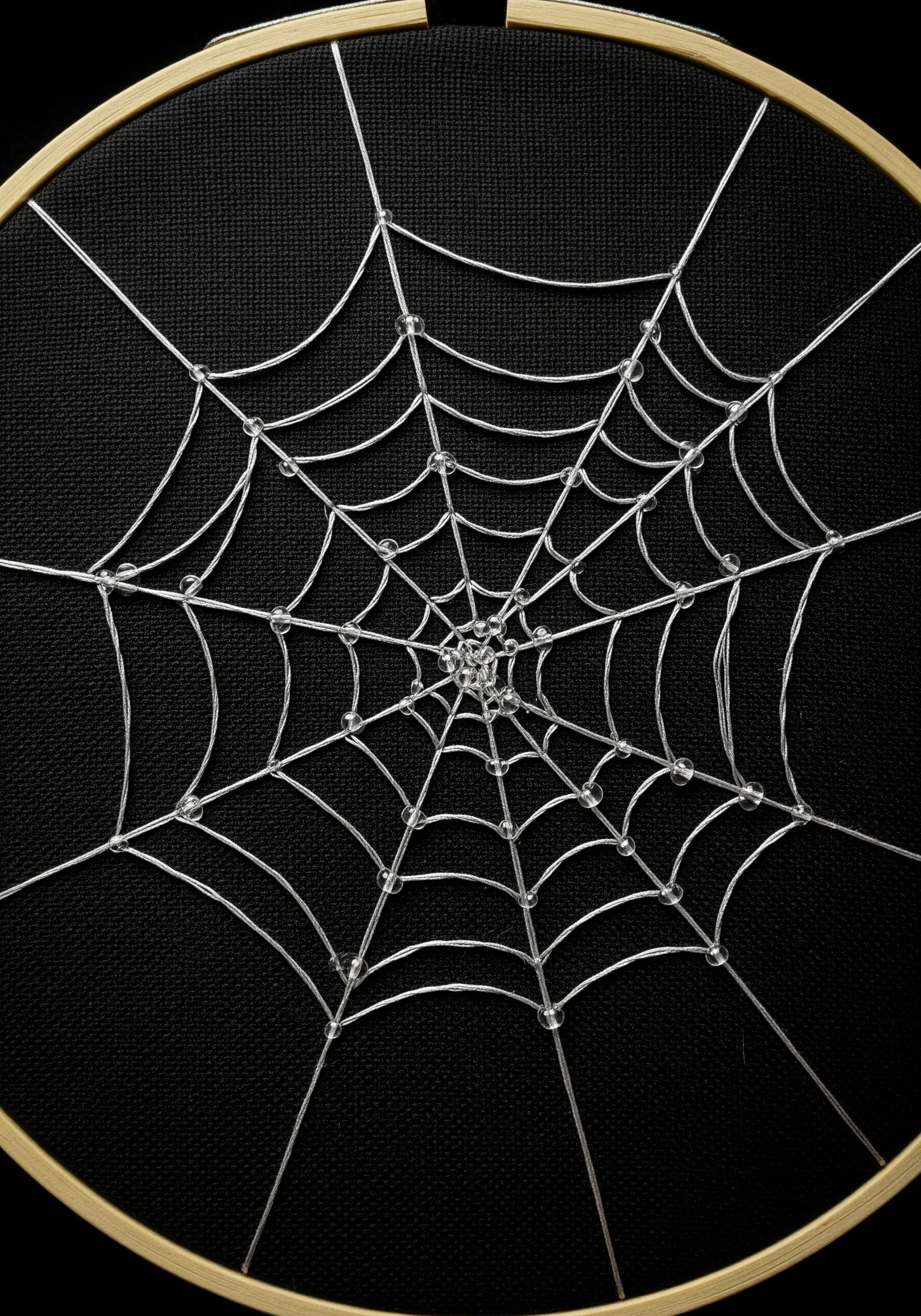 An embroidered spiderweb in a hoop, using fine silver thread and clear seed beads on black fabric.