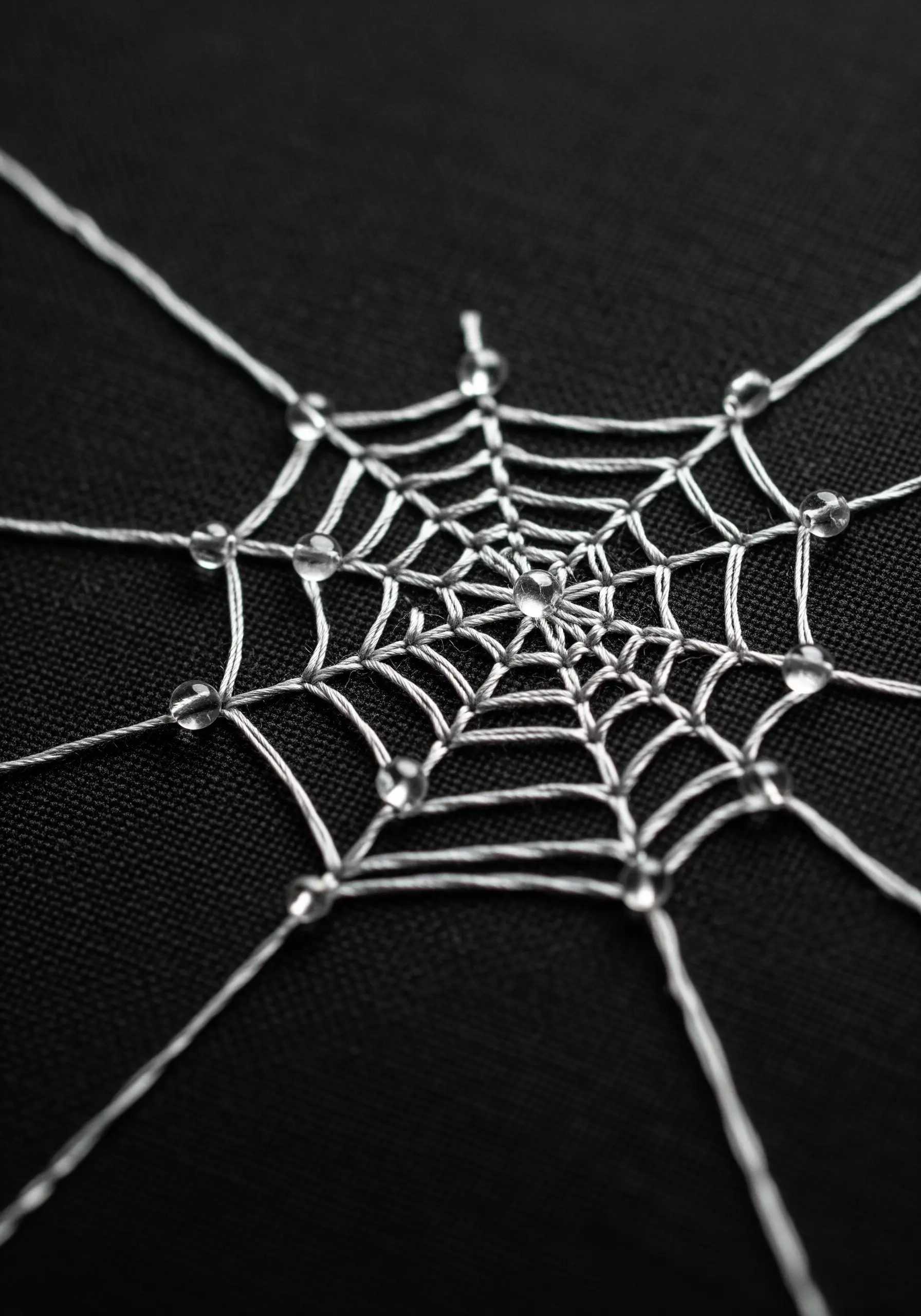 A delicate, shimmering spiderweb embroidered in silver thread with clear beads for dewdrops.