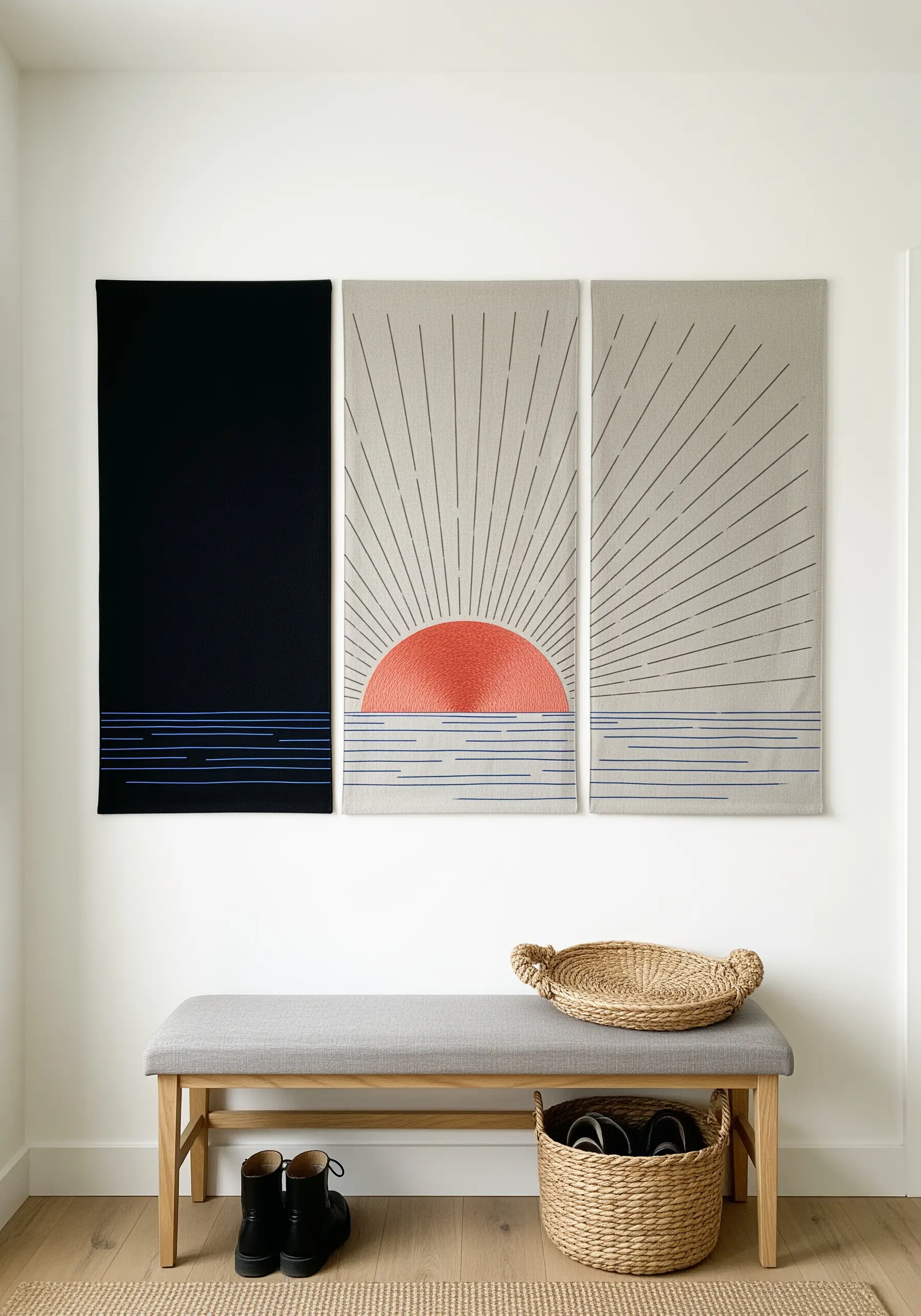 A triptych of wall hangings showing a sunrise over water, split across three fabric panels.