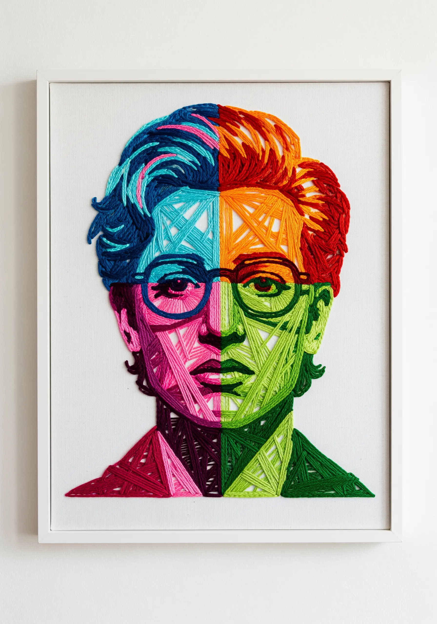 A string art portrait framed in white, with the face divided into four vibrant color blocks.