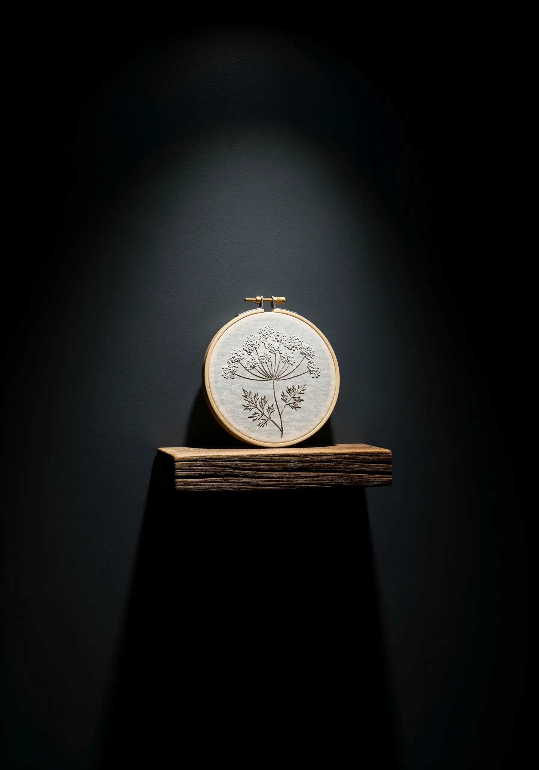 A single embroidery hoop of Queen Anne's lace on a small wooden shelf, spotlit against a dark wall.