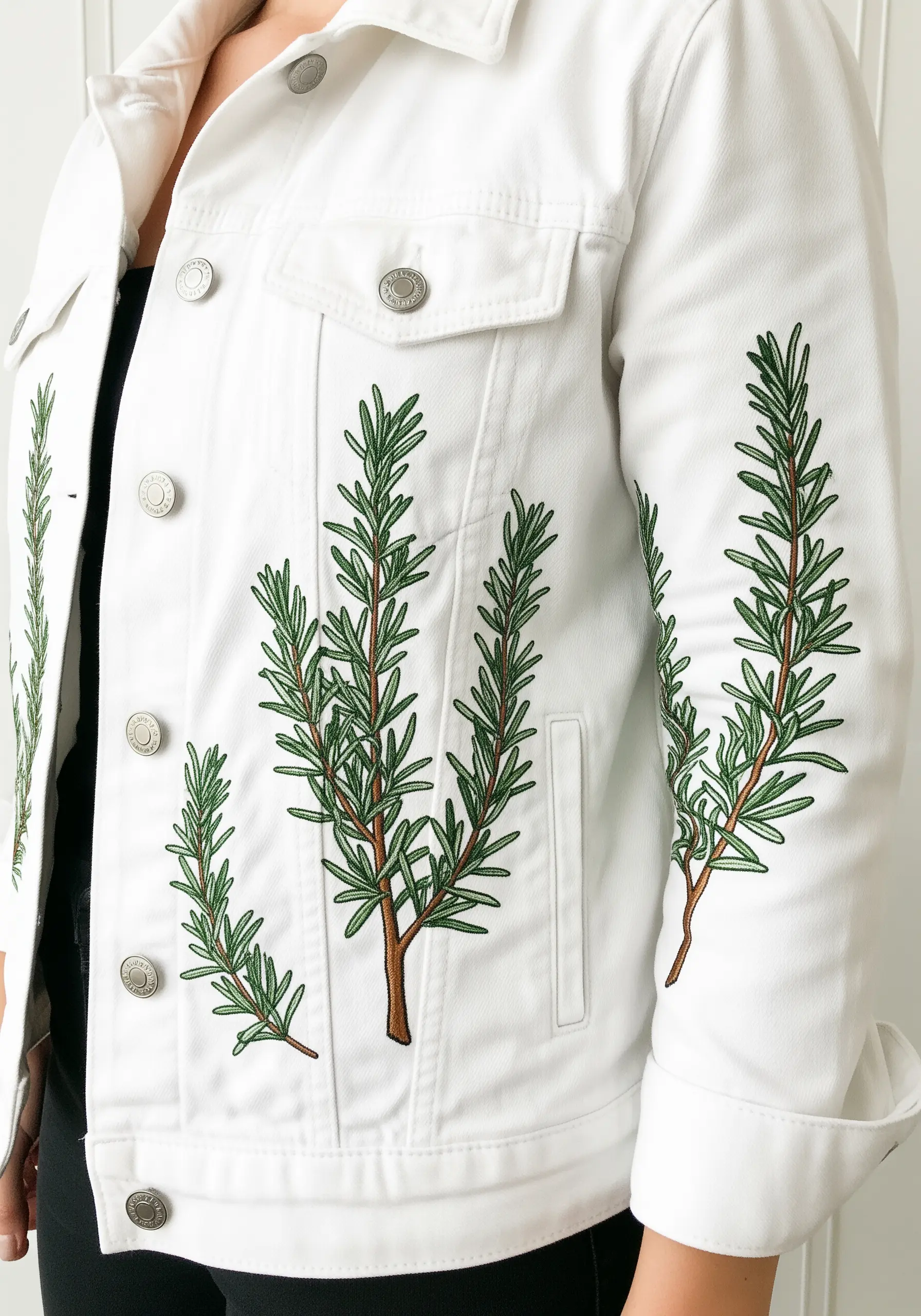 Several sprigs of rosemary embroidered vertically on a white denim jacket.