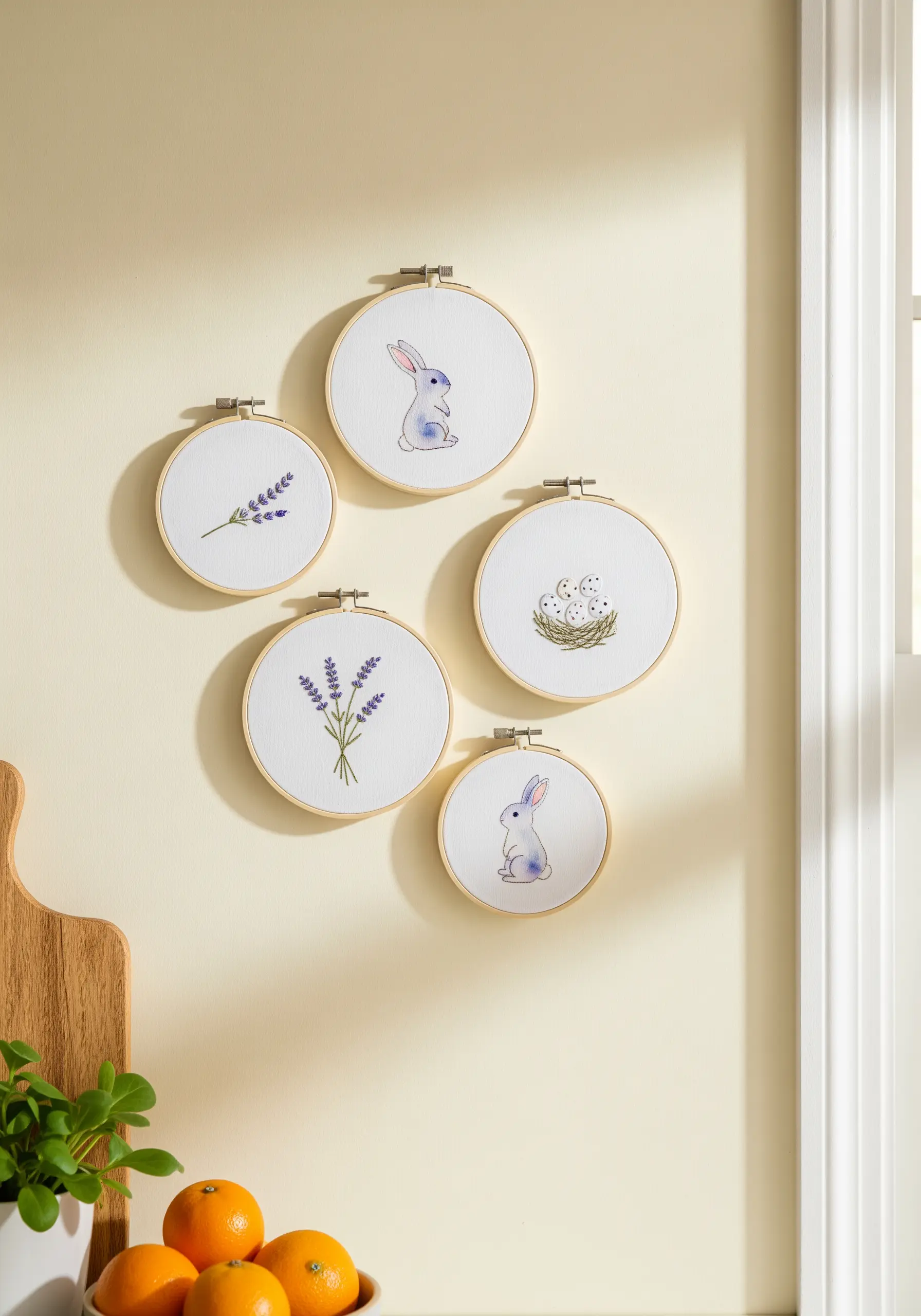 A gallery wall of small embroidery hoops featuring Easter bunnies, eggs, and lavender.