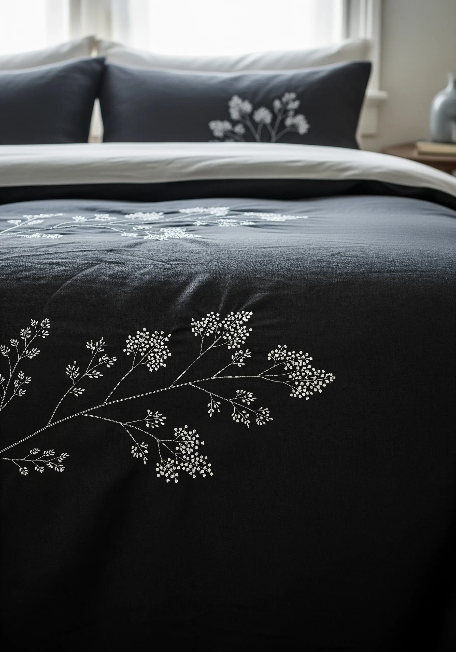 Delicate white French knot flowers embroidered on a dark charcoal grey duvet cover.