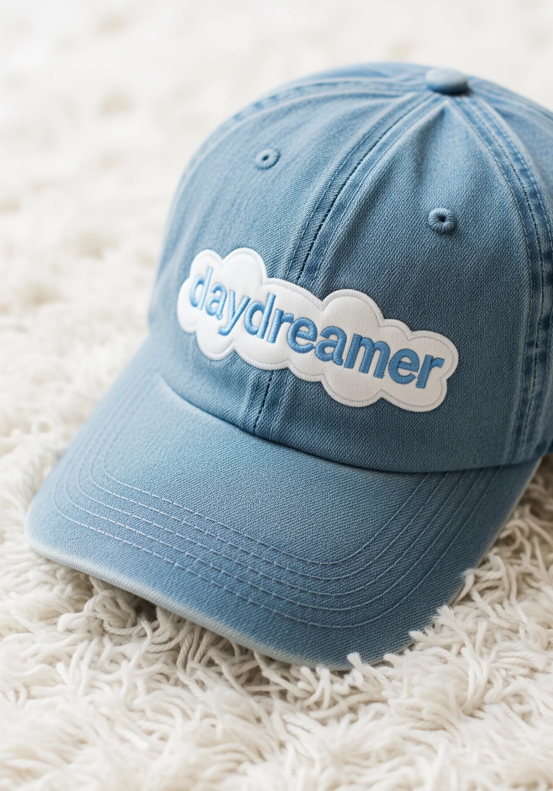 'Daydreamer' embroidered on a denim cap with a white cloud outline