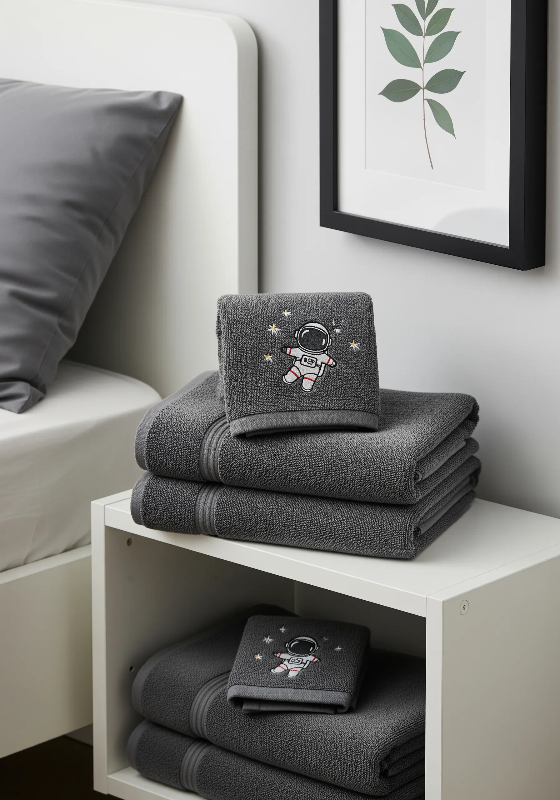 A small embroidered astronaut motif on the corner of a folded dark grey terry cloth towel.