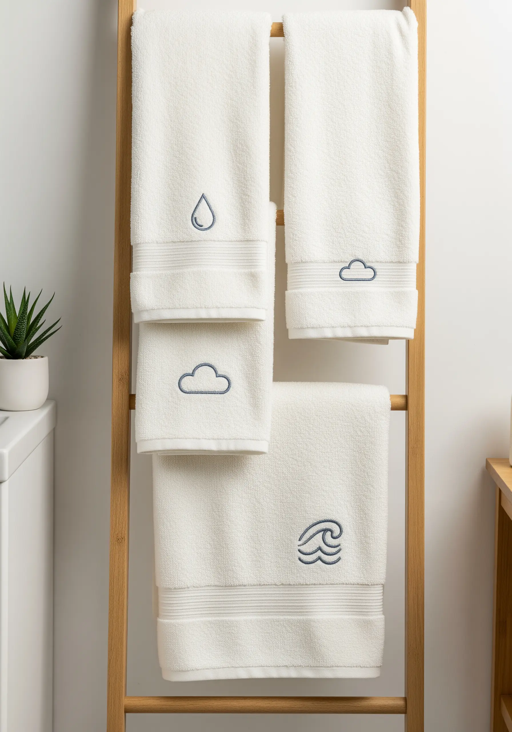 A set of white towels embroidered with simple, modern icons: a cloud, a wave, and a raindrop.