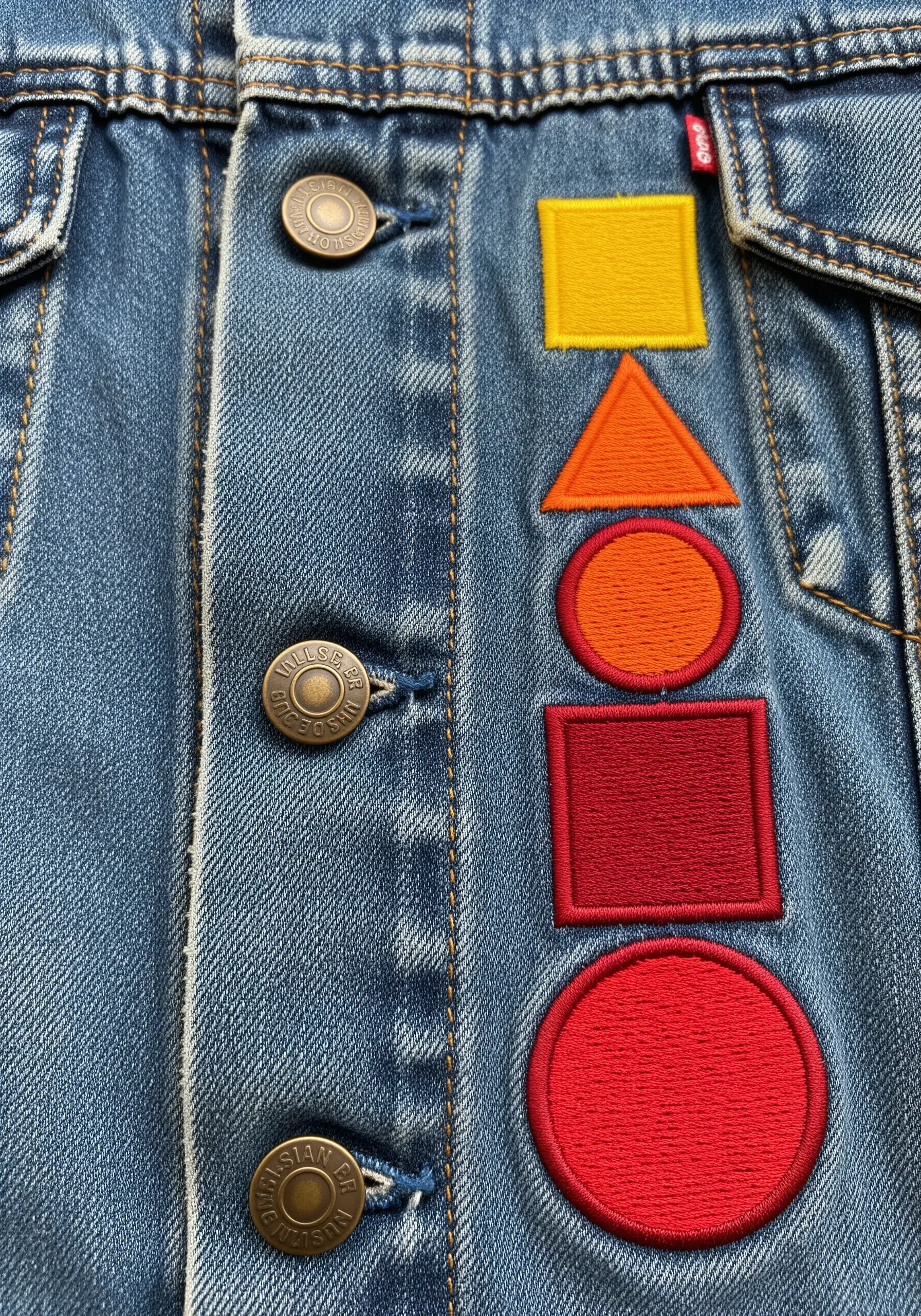 A vertical stack of geometric shapes—squares, circles, triangles—in a warm gradient.