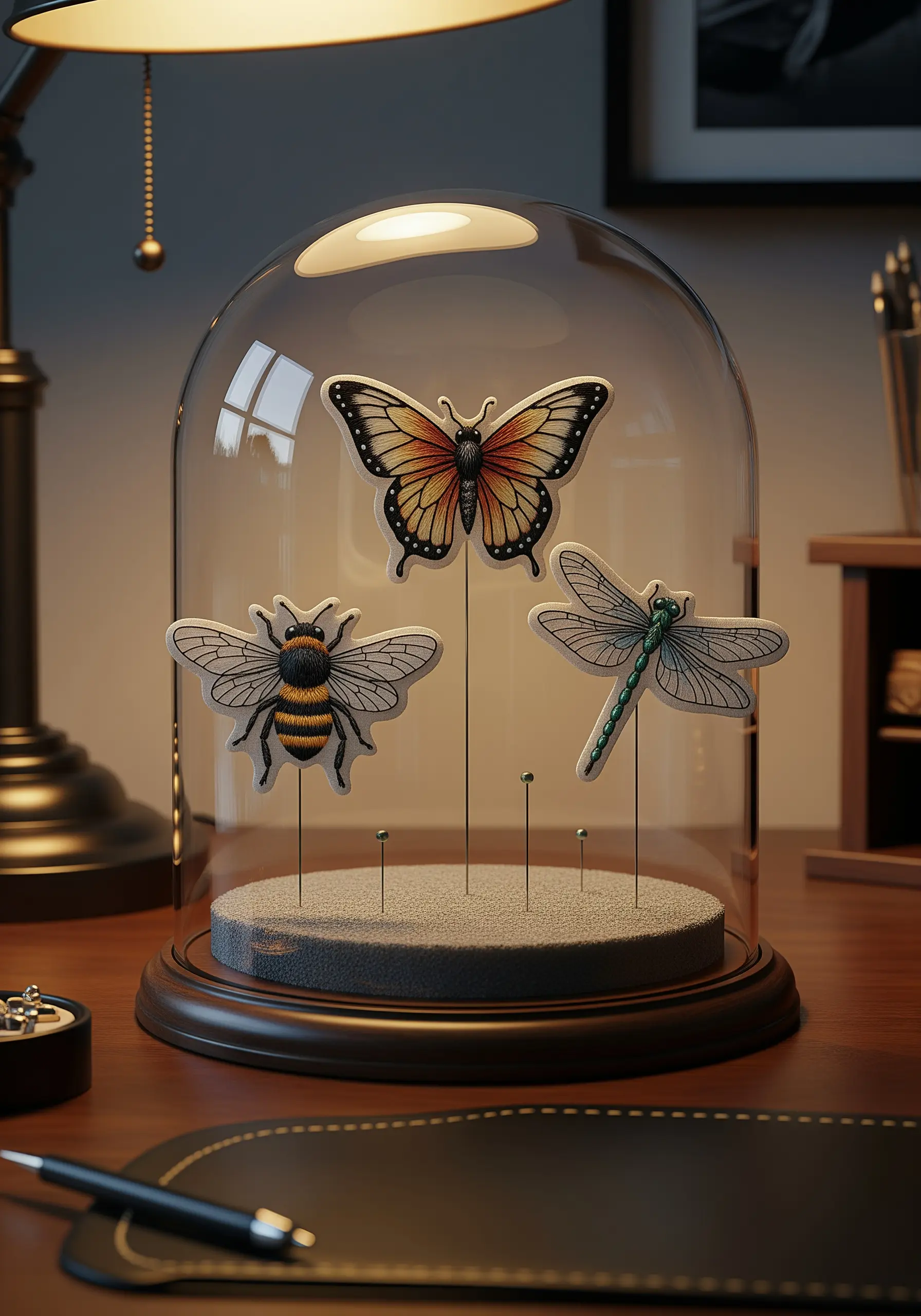 Embroidered insects cut out and mounted on wires inside a glass bell jar.