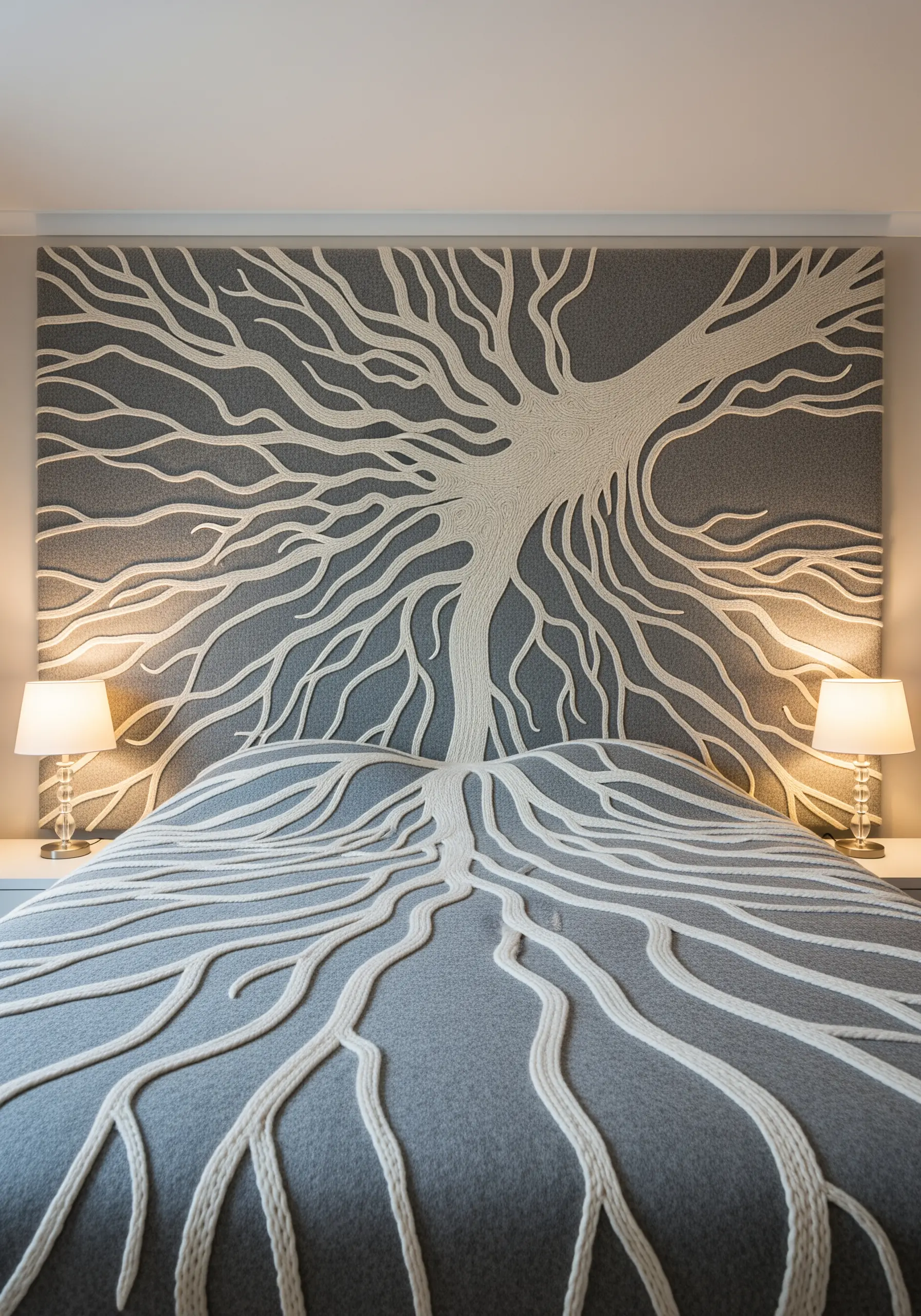 Large-scale embroidered headboard with a white tree of life design on gray fabric.