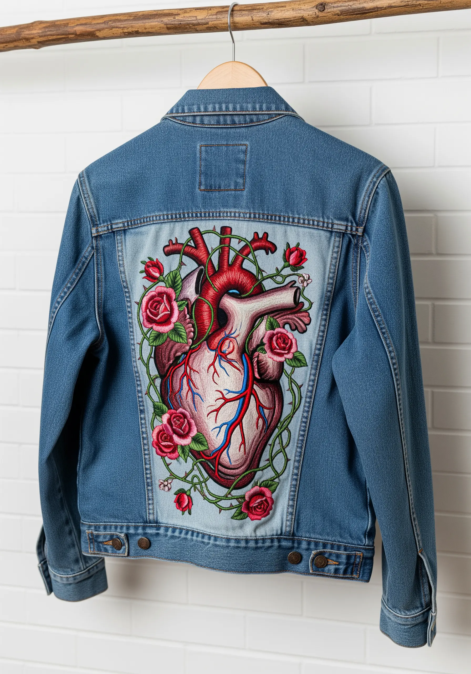The back of a denim jacket featuring a large embroidered patch of an anatomical heart entwined with roses.