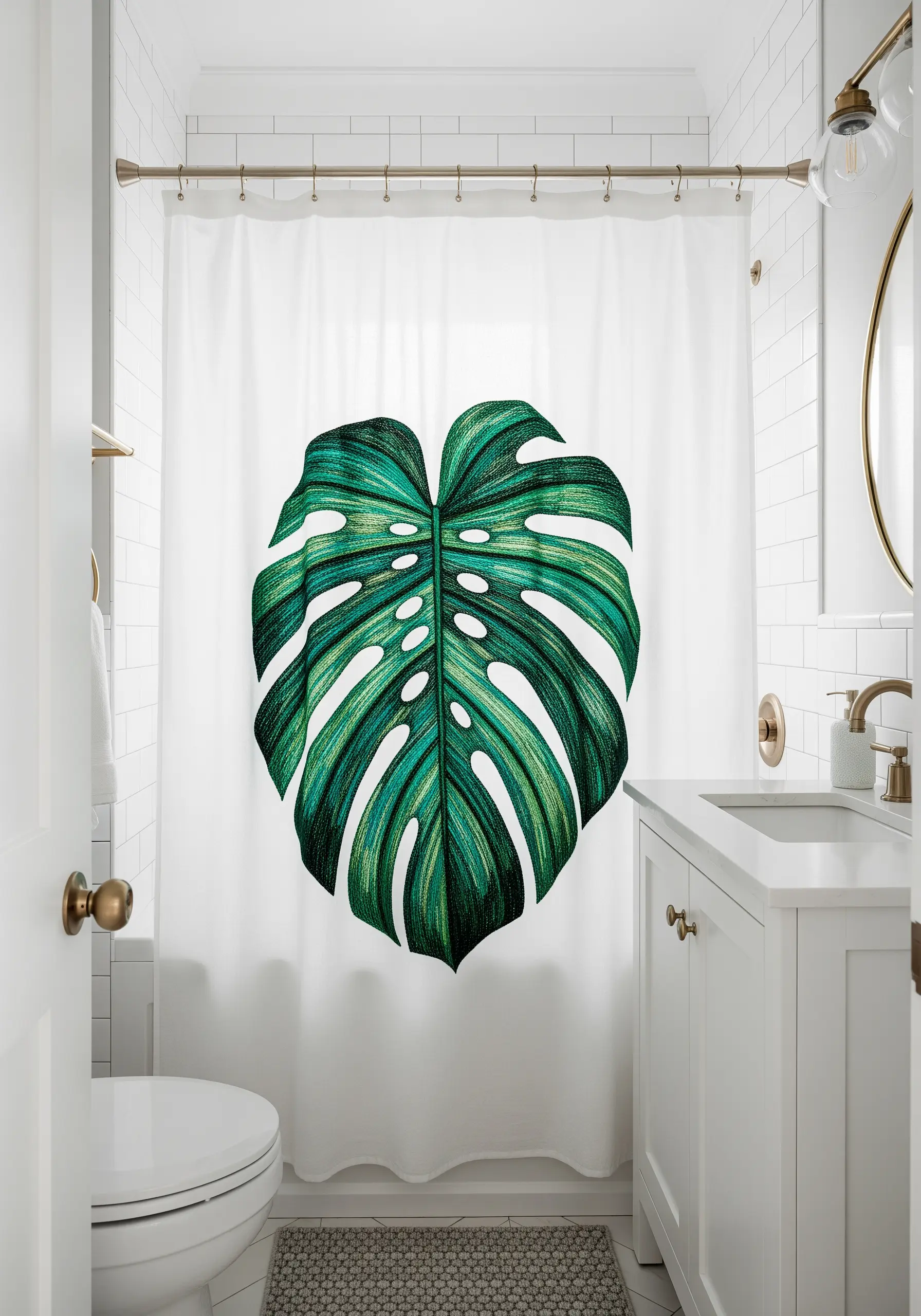A large embroidered Monstera leaf as the central motif on a white shower curtain.